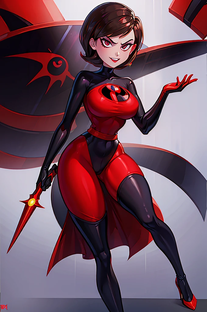 (La mejor calidad,A high resolution,Ultra - detallado,actual),Helen Parr con un BodySuit rojo con negro ,(domino mask), short brown hair, ,(Fondo de ruinas de mazmorra en ruinas:1.4 ), (Detalles de la cara: 1.5, ojos azules brillantes, hermoso rostro, ojos bonitos, Contorno del iris, labios delgados: 1.5, Thin, sharp pale eyebrows, Long, dark eyelashes, double tabs),(Helen Parr :1.4),( Helen Parr V2.1), (dynamic pose), (the incredibles), (no mutaciones), (fondo caverna piedras grandes:1.4),(Fondo de ruinas de mazmorra en ruinas:1.4 ),( colores brillantes), (Obra maestra: 1.4), (8K, realista, foto cruda, La mejor calidad: 1.4),