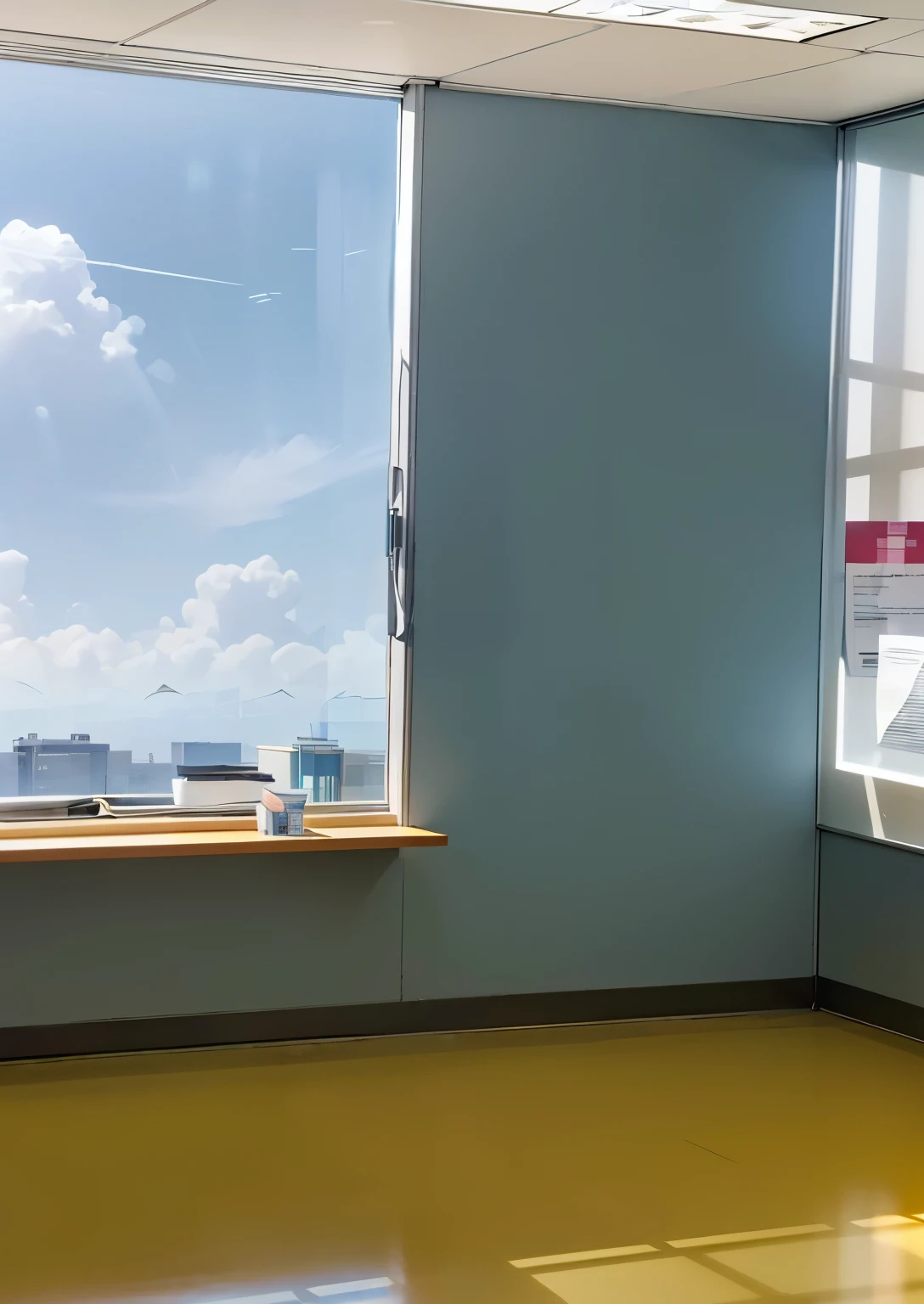 医院Department办公室，left window，rays of sunshine，Department，There are documents，Office supplies，scenes without men