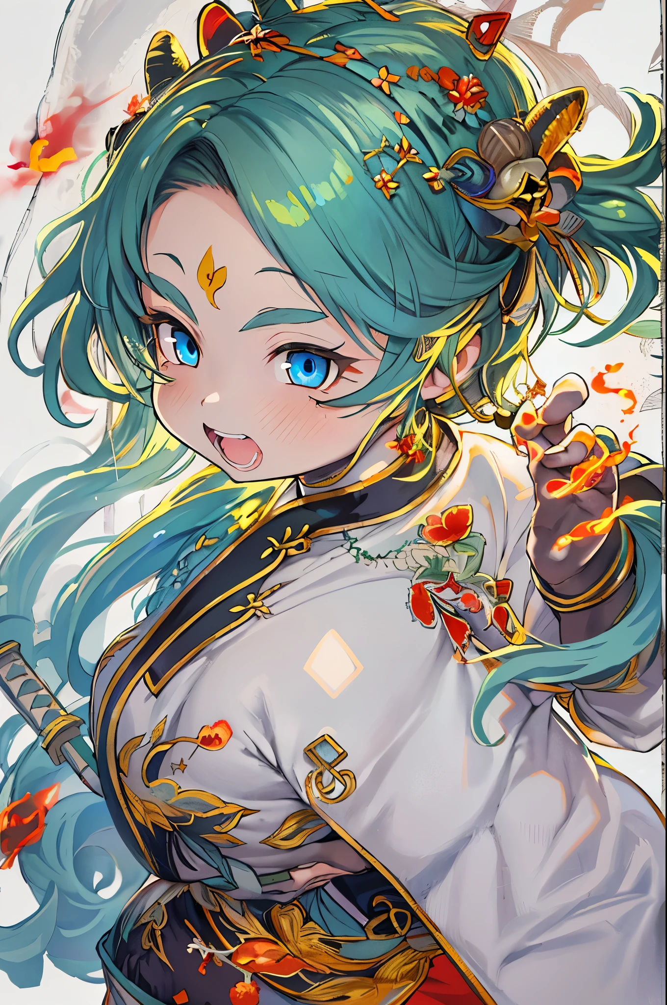 (top-quality、8K、32K、masterpiece、nffsw、ighly detailed、Impresionismo:1.2)、(behind the girl、You can see a Chinese dragon breathing flames:1.3)、Full body, (Dynamic Pose、Raise one leg:1.4)、beauitful face、blurry backround、20-year-old beauty、shinny skin、Red color hair、short-hair、Double bun、Blue eyes、Chinese clothing、Floral hair ornament、Naughty smile with open mouth、Absolute area、Holding a Chinese-style sword、