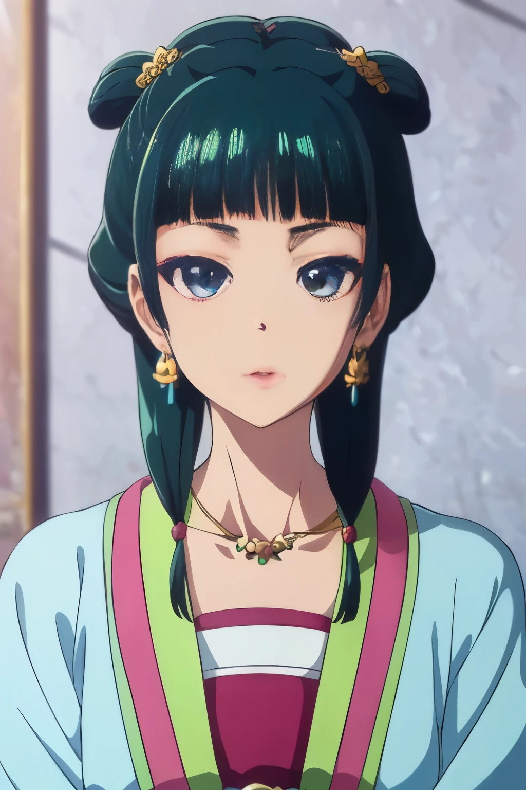 Maomao,Dark green hair,Blue eyes,Hair Ornament, Hair bun, earrings,earrings,Gold Necklace、red eye shadow((Highly realistic shading, masutepiece, Extremely detailed, Photorealistic))
