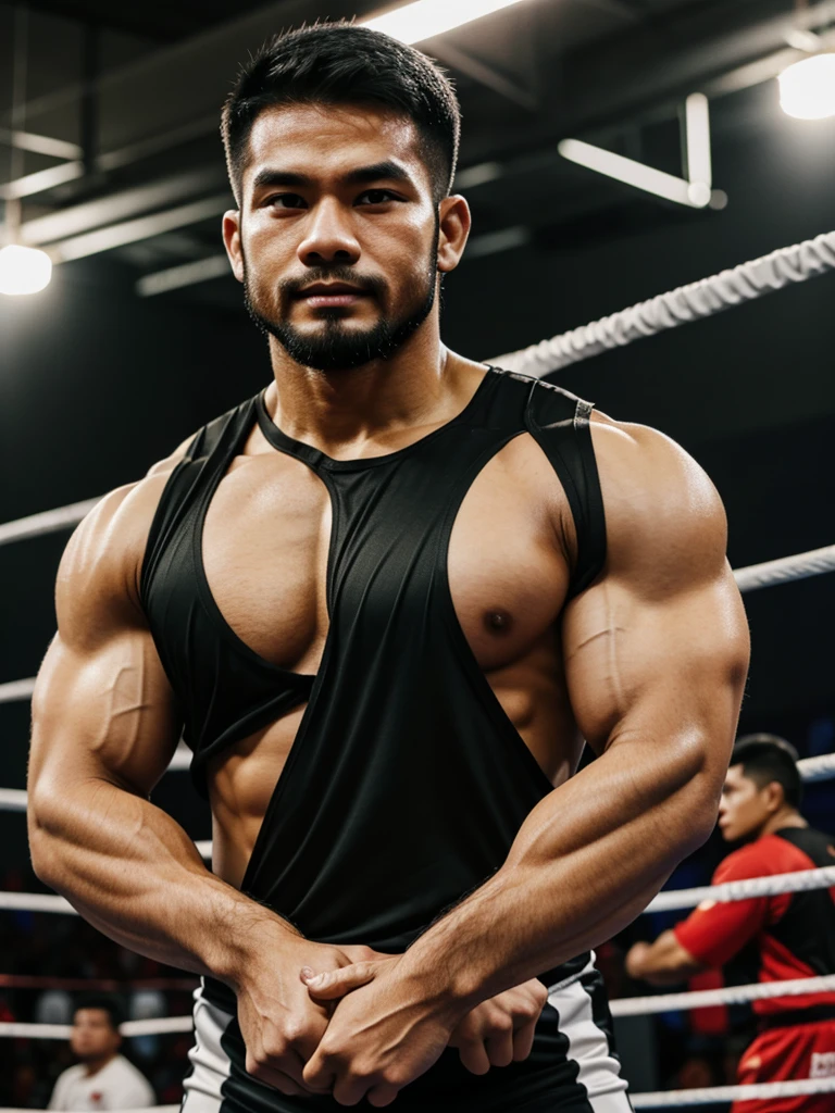 Thai male, slight beard, bodybuilder, wrestling ware