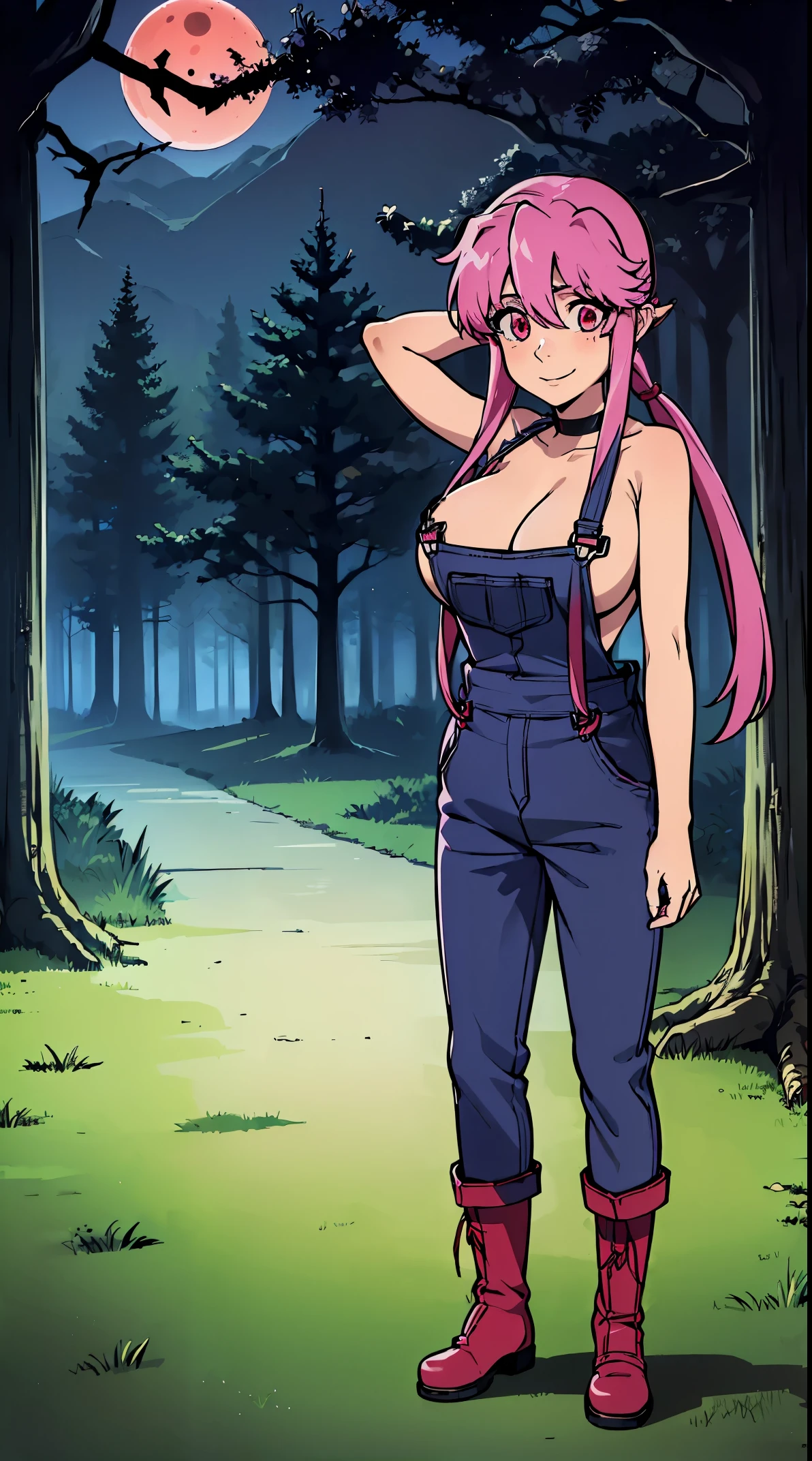 anime_still, masterpiece, best quality, 1girl, Gasai Yuno, long hair, pink hair, low twintails, smile, naked, red eyes, (large breasts:1.5),1girl, black choker, dark grey, (overalls:1.25), leather gloves, black boots, ((nigth:1.5)), (chasing you through the woods BY yuno gasai), moonlight, blood on floor, horror scane, (horror movie post:1.5) (evil eyes:1.6), (horror_movies:1.5), (woods:1.6),(dark:1.7), (out_boorlood on hands:1.5), (blood stain:1.25), 1980's anime style,