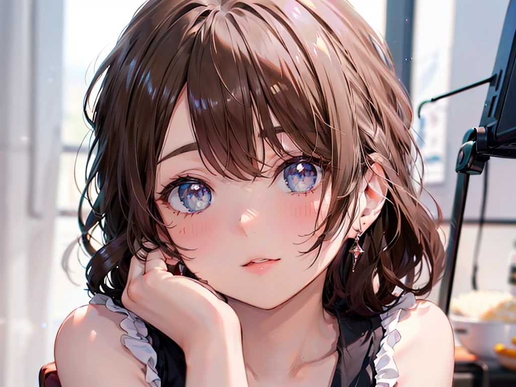 (masutepiece: 1.3), (max resolution: 1.2), (Ultra HDTV: 1.2), cinematric light, 8K resolution, Detailed eyes and skin, detailed facial features, Perfect limbs、Perfect fingers、Anatomically accurate body, Fingers in natural shape, Realistic texture, (Sharp Focus: 1.2), (Focus is on the upper body:1.2), Perfect Style, (Beautiful face, kawaii eyes, Clear eyes、realisticeyes), acurate, Anatomically correct, ノ Highly detailed facial and skin texture, Detailed eyes, Double eyelids, Thin eyebrows, Glitter Eyeliner: 1 Natural cheeks, Glossy skin, Fair skin: 1.2, (Glossy lips: 1.4), (Shy look: 1.2),Highly detailed facial and skin texture, Detailed eyes, Double eyelids, Natural cheeks, ,shiny lips: 1.4, (#Slim waist), 25-years old, cleavage of the breast, Full body like, (red blush, embarrassed from:1.1), (shiny lips: 1.1), (Soft breasts, Firm chest, large udder, cleavage of the breast:1.1), red blush、embarrassed from, Dressing, Neat and clean woman, 20yr old, person flowing diagonally, ash hair, Curly hair, Lustrous hair), (Big apron, posterior view), Cooking in the kitchen,