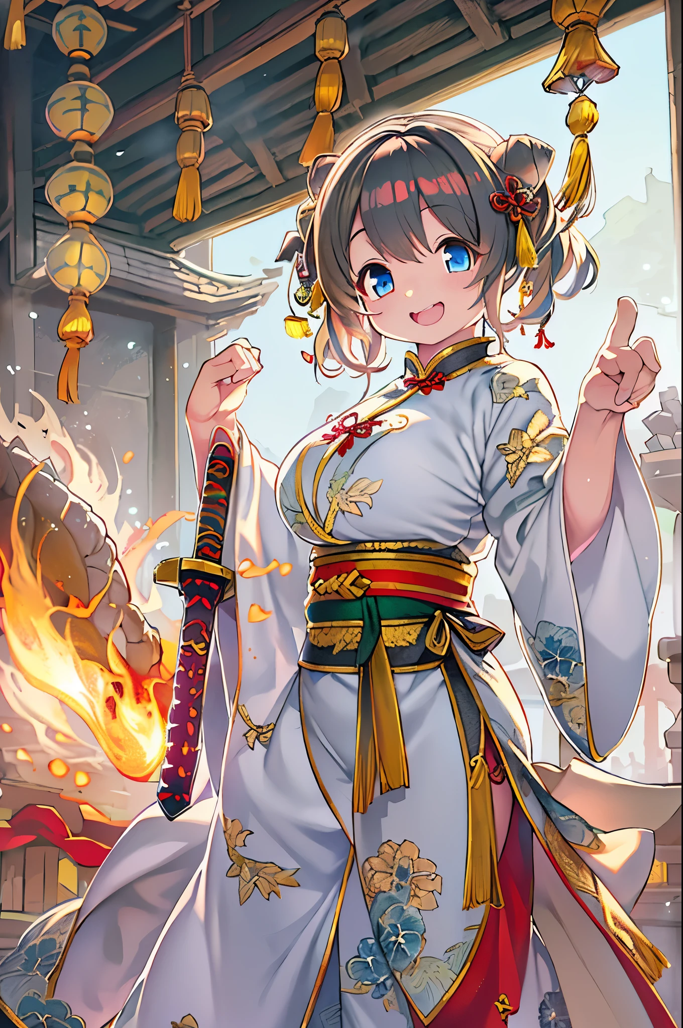 (top-quality、8K、32K、masterpiece、nffsw、ighly detailed、Impresionismo:1.2)、(behind the girl、You can see a Chinese dragon breathing flames:1.3)、Full body, (Dynamic Pose、Raise one leg:1.4)、beauitful face、blurry backround、20-year-old beauty、shinny skin、Red color hair、short-hair、Double bun、Blue eyes、Chinese clothing、Floral hair ornament、Naughty smile with open mouth、Absolute area、Holding a Chinese-style sword、