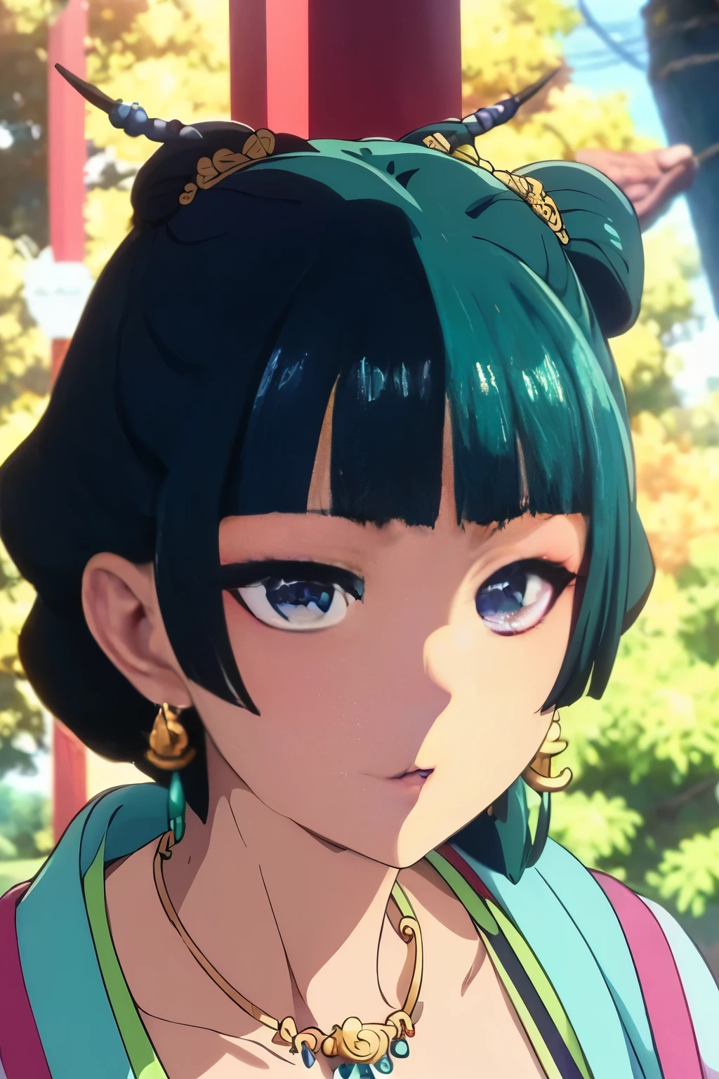 Maomao,Dark green hair,Blue eyes,Hair Ornament, Hair bun, earrings,earrings,Gold Necklace、red eye shadow((Highly realistic shading, masutepiece, Extremely detailed, Photorealistic))