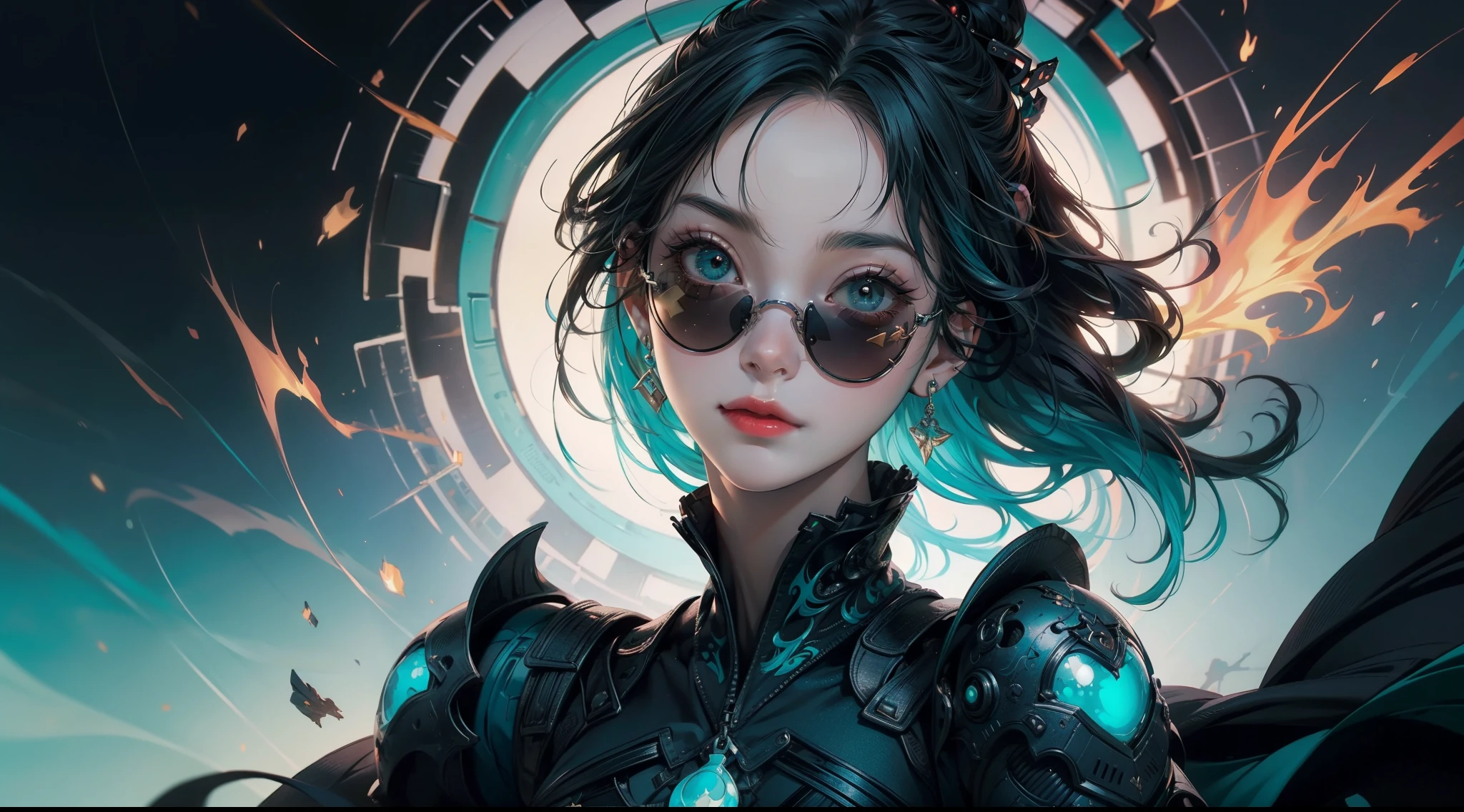 1 girl, solo, wide shot, (tmasterpiece), (Excellent), (Super detailed pictures: 1.2), Super Young Woman, The beautiful, sexy for, burst, oriental face, (((cyan sunglasses))), TV Anchor, Broken, Alone, Black suit, a blue tie, silver glasses, The face is a little fat, My face is already clean, No beard, green super long hair, 黑The eye, confident smile, 3c Computer Sub-Products, iPad, iPhone, digitial painting, 3D character design by Mark Claireldon and Pixar and Hayao Miyazaki, This picture is a 4K resolution high-definition picture,Visual effects with very detailed facial features and style, (((tmasterpiece),(Very detailed CG unified 8k wallpaper),Best quality,电影灯光,detailed back ground,beautidful eyeright pupils,(very delicate beautiful),(Beautiful and detailed eyes description),ultra - detailed,tmasterpiece,)),facing at the camera,A high resolution,ultra - detailed)