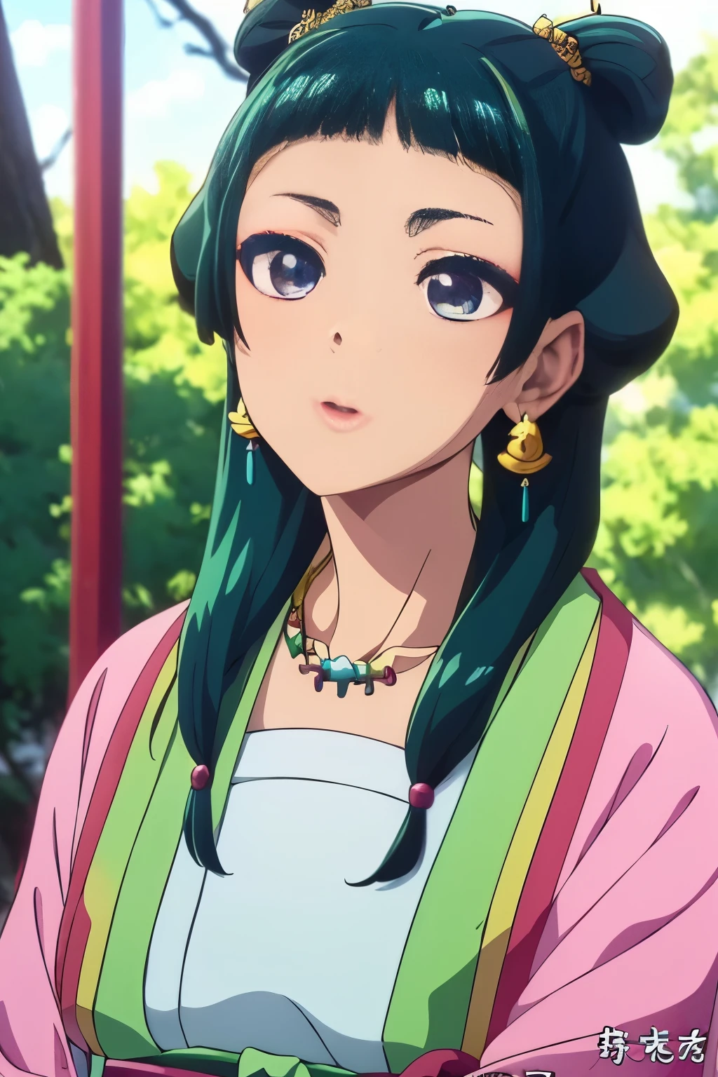 Maomao,Dark green hair,Blue eyes,Hair Ornament, Hair bun, earrings,earrings,Gold Necklace、red eye shadow((Highly realistic shading, masutepiece, Extremely detailed, Photorealistic))