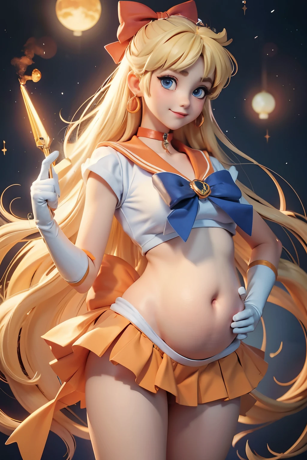 Masterpiece, Best Quality, High Resolution, Venus1, 1Girl, Solo, Sailor Warrior Uniform, Sailor Venus, Minako Aino, Blonde, Magical Girl, Blue Eyes, Orange Skirt, Elbow Gloves, Headgear, Pleated Skirt, Bow, Orange Sailor Collar, Miniskirt, Choker, Red Bow, Orange Choker, White Gloves, Extra Long Hair, Jewelry, Earrings, Cowboy Gun, Smile, Lift Skirt with Hands, Bare Thighs, Panties, Bare Legs, pregnant