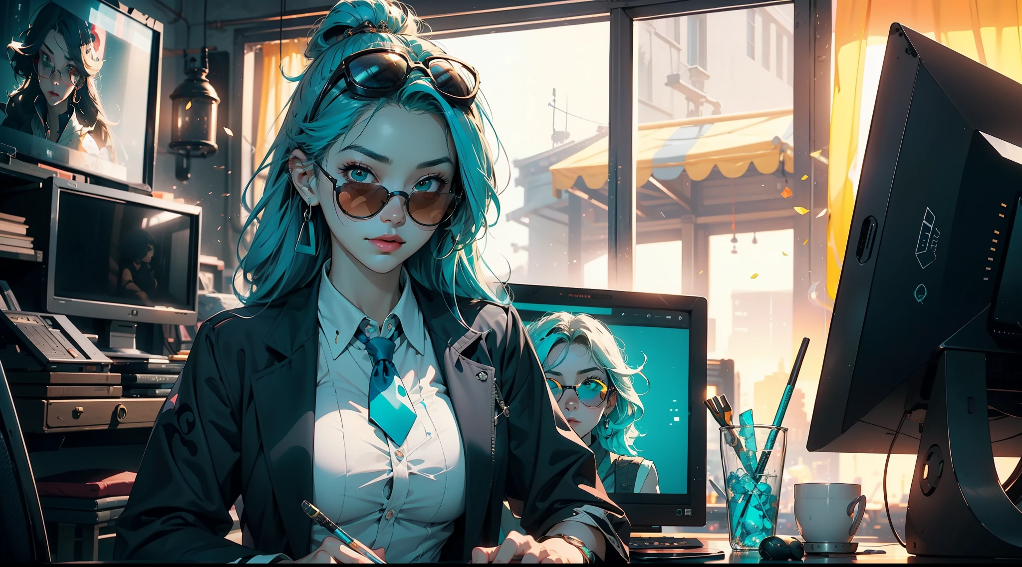 1 girl, solo, wide shot, (tmasterpiece), (Excellent), (Super detailed pictures: 1.2), Super Young Woman, The beautiful, sexy for, burst, oriental face, (((cyan sunglasses))), TV Anchor, Broken, Alone, Black suit, a blue tie, silver glasses, The face is a little fat, My face is already clean, No beard, green super long hair, 黑The eye, confident smile, 3c Computer Sub-Products, iPad, iPhone, digitial painting, 3D character design by Mark Claireldon and Pixar and Hayao Miyazaki, This picture is a 4K resolution high-definition picture,Visual effects with very detailed facial features and style.