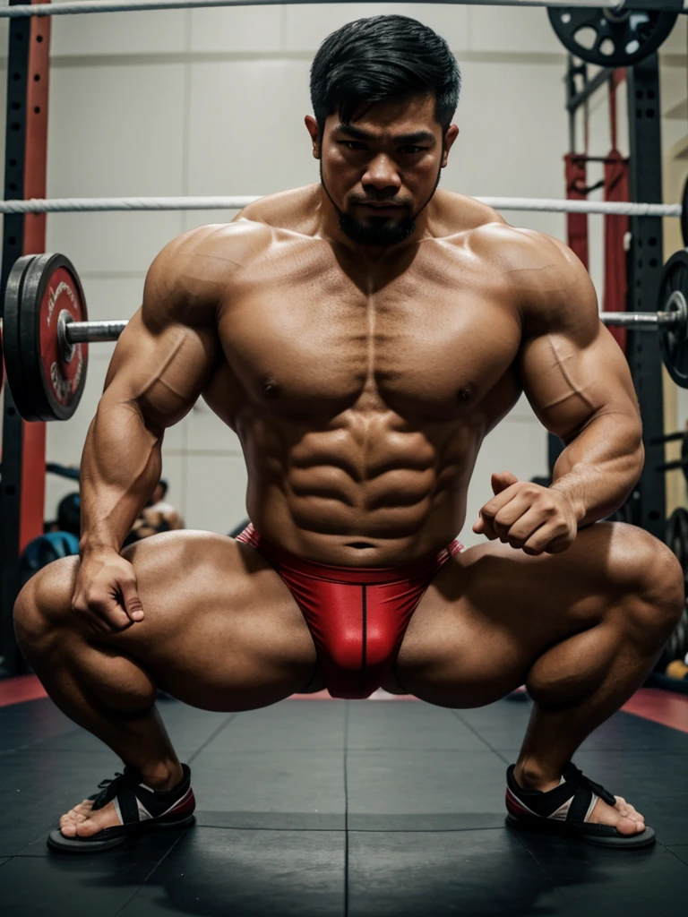 Thai male, slight beard, bodybuilder, wrestling ware, Squatting