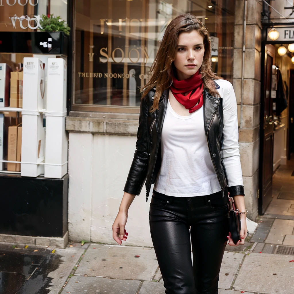 female supermodel walks in Oxford Streets. White T-shirt, black leather jacket, black jeans, red scarf, red leather boots.