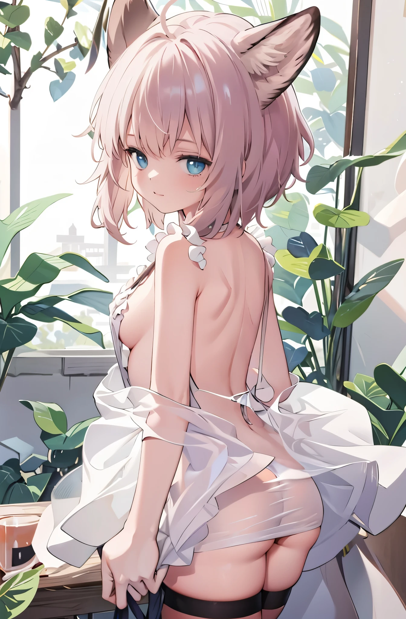1girl,solo, slingshot swimsuit, frills, large breasts, bedroom, cowboy shot, arms behind back, thigh strap, maid headdress, wrist cuffs,
