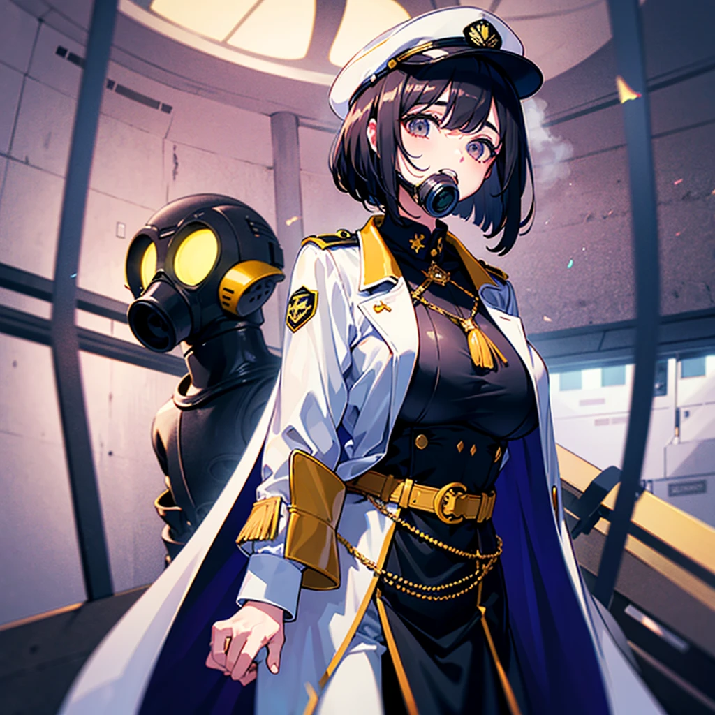 (((masterpiece)))、(((Top image quality)))、(((top-quality)))、(Illustration of one woman)、30-years old、(Viceroy)、Black hair bob cut、((Face covering gas mask))、Gray eyes、Sanpaku eyes、((Tall))、((huge tit))、((Military uniforms))、((Military Cap))、((Military coat))、(white clothes)、(White pants)、(White cap)、trench coat、((Inside the spaceship))