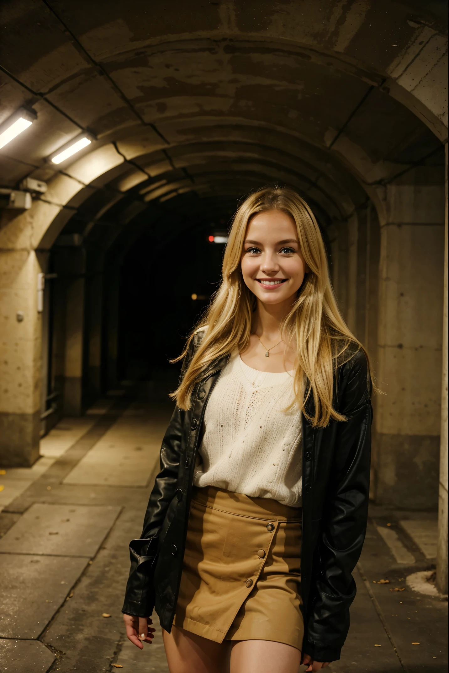 iPhone camera quality, Blonde girl stands in an underground car park in Vienna in a winter outfit, Beautiful smile, cute face, she wears a skirt, she has a cute face, 20 Jahre alt, sie schaut nach rechts
