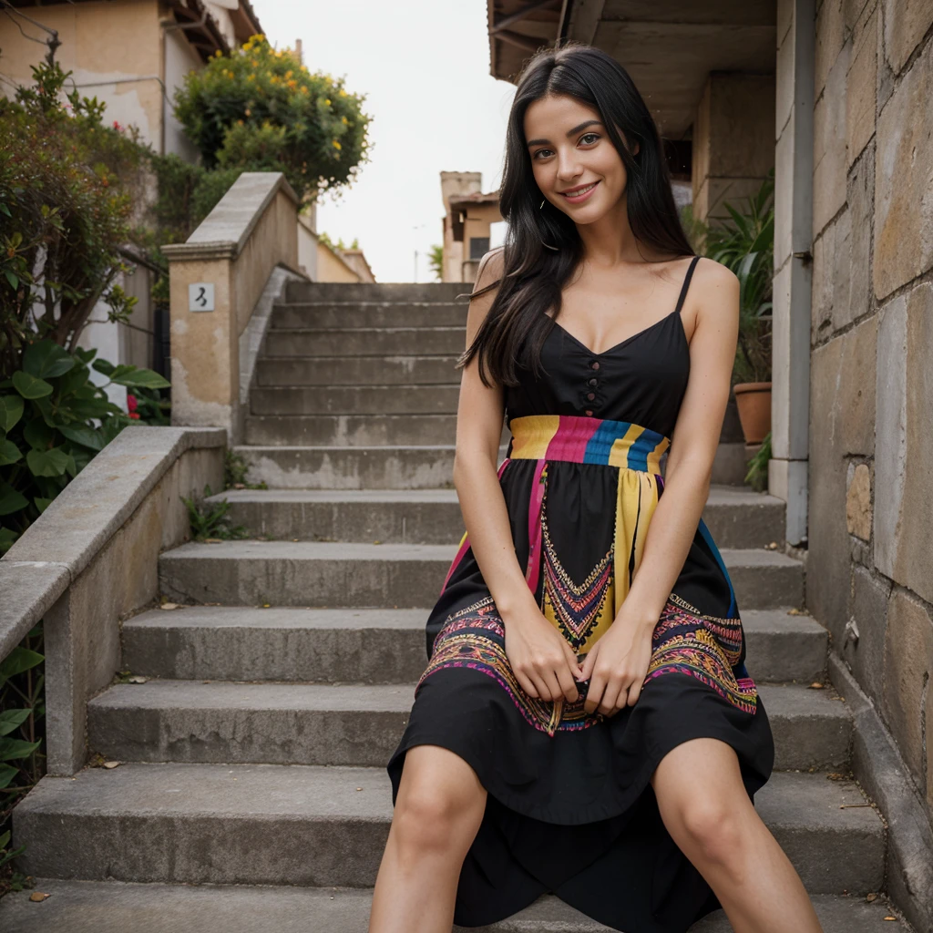 28 years old Italian model, black hairs, wearing multicolor  dress, iper definizione, ultra realismo,smiling, seat on the stairs.