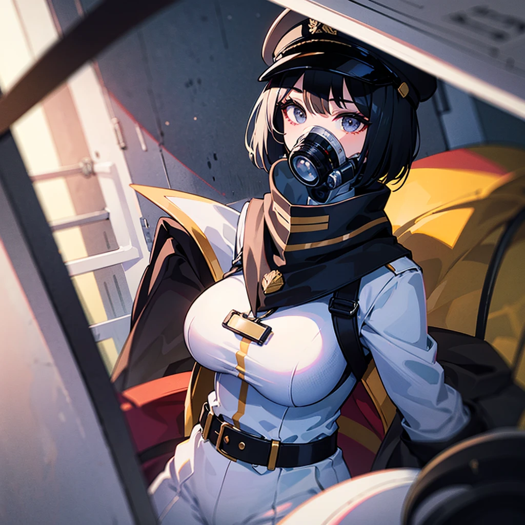 （（（​masterpiece）））、（（（Top image quality）））、（（（top-quality）））、（Illustration of one woman）、30-years old、（Viceroy）、Black hair bob cut、（（Face covering gas mask））、Gray eyes、Sanpaku eyes、（（Tall））、（（huge tit））、（（Military uniforms））、（（Military Cap））、（（Military coat））、（white  clothes）、（White pants）、（White cap）、trench coat、（（Inside the spaceship））