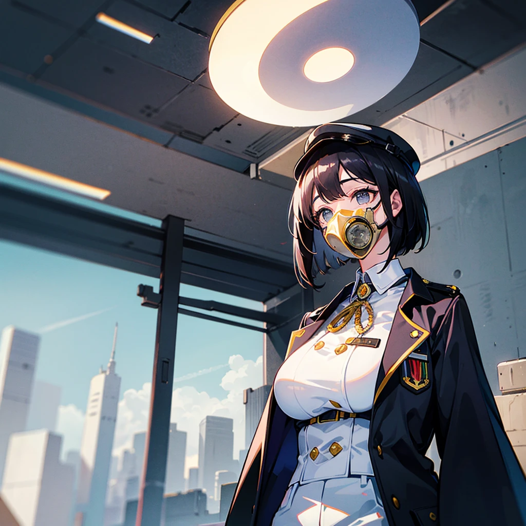 (((masterpiece)))、(((Top image quality)))、(((top-quality)))、(Illustration of one woman)、30-years old、(Viceroy)、Black hair bob cut、((Face covering gas mask))、Gray eyes、Sanpaku eyes、((Tall))、((huge tit))、((Military uniforms))、((Military Cap))、((Military coat))、(white clothes)、(White pants)、(White cap)、trench coat、((Inside the spaceship))