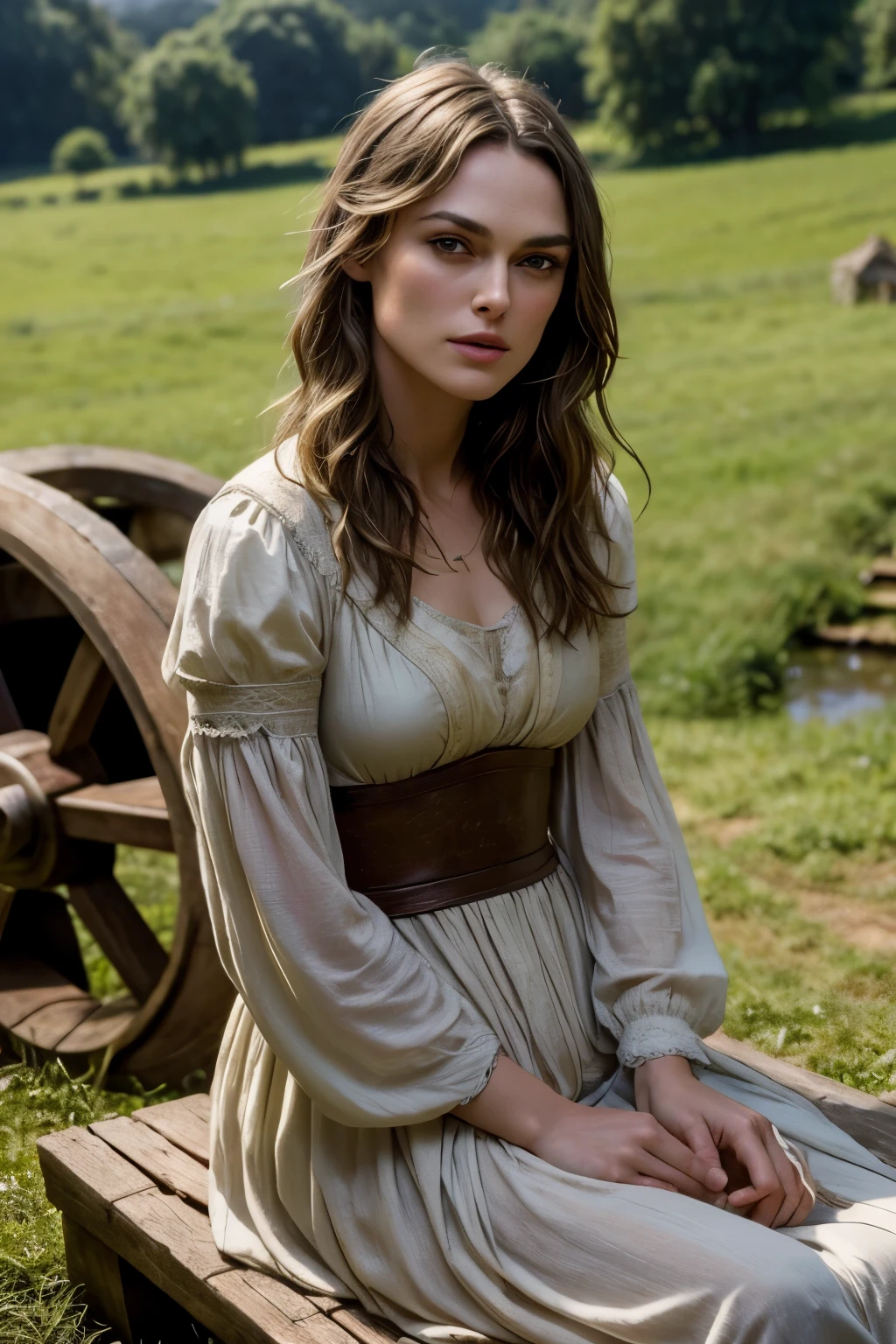Keira Knightley,Medieval period,campos de trigo, simples atrai, Sitting on a water wheel, cena de filme apaixonada e descobrindo sua inocencia ,e pureza ,