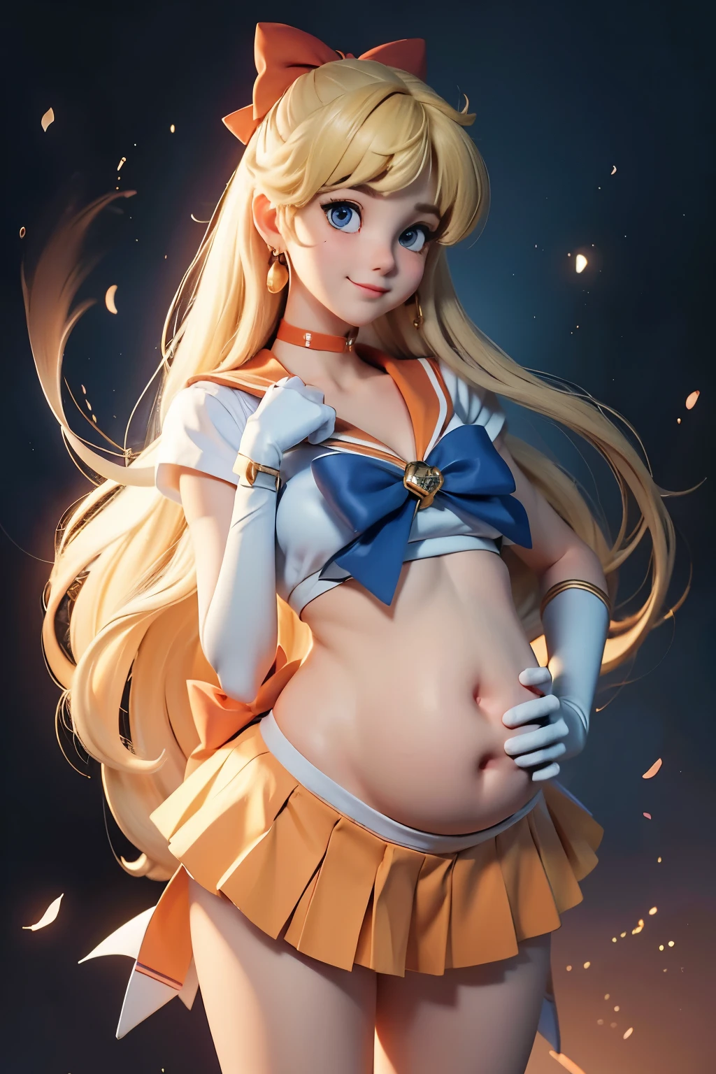 Masterpiece, Best Quality, High Resolution, Venus1, 1Girl, Solo, Sailor Warrior Uniform, Sailor Venus, Minako Aino, Blonde, Magical Girl, Blue Eyes, Orange Skirt, Elbow Gloves, Headgear, Pleated Skirt, Bow, Orange Sailor Collar, Miniskirt, Choker, Red Bow, Orange Choker, White Gloves, Extra Long Hair, Jewelry, Earrings, Cowboy Gun, Smile, Lift Skirt with Hands, Bare Thighs, Panties, Bare Legs, pregnant