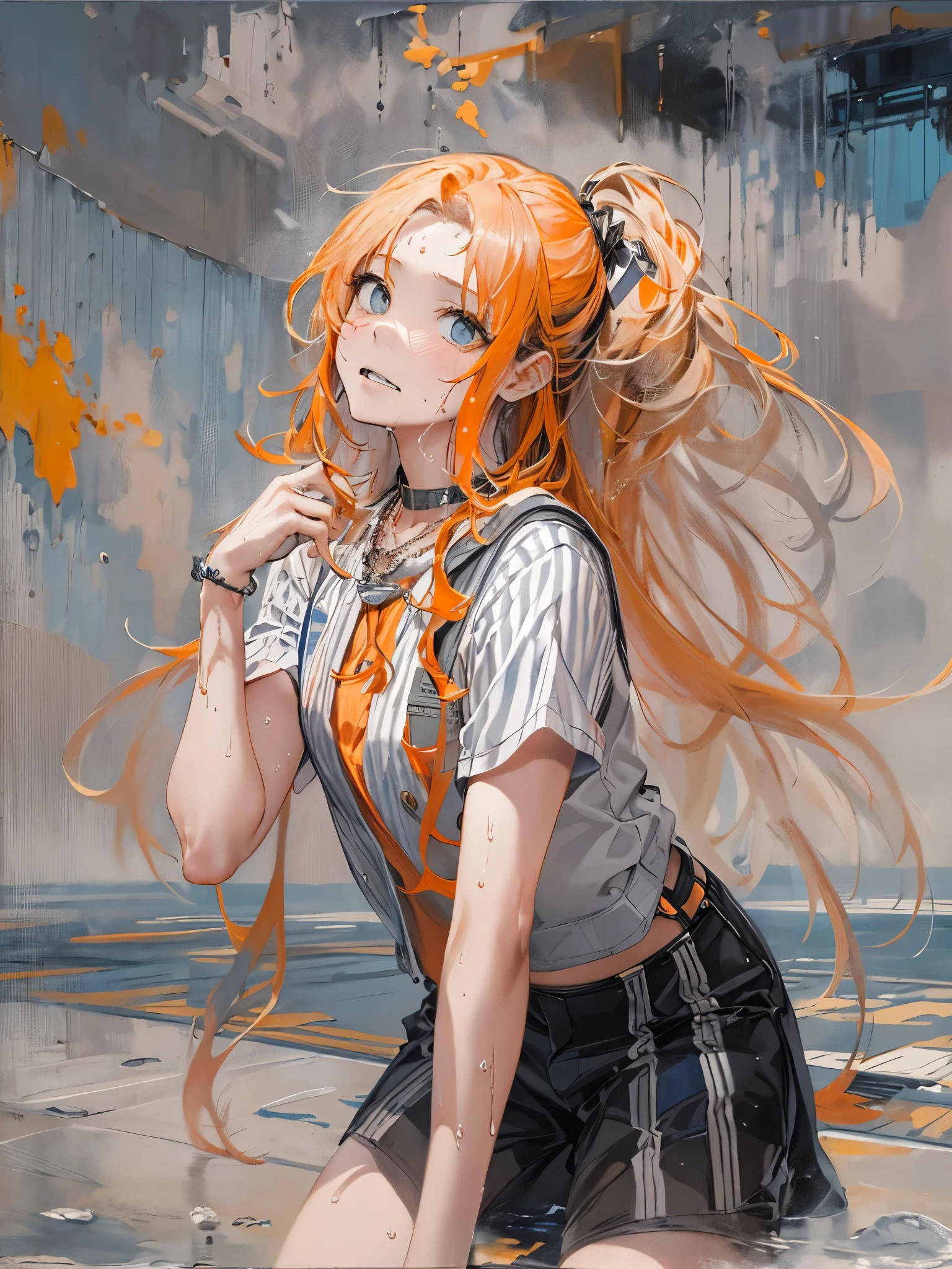 upper part of body、an oil paintinasterpiece、quality、A high resolution、orange long hair、orange long hair、shores、mischievous look、White and gray stripes々extremely、White and gray stripes々legemale face at the end of pantace hot、Slightly troubled expression、Sweat-Wet Skin、blue-sky、pink vest、blackminiskirt、bended forward、on the floor on all fours、The necklace hangs on the chest