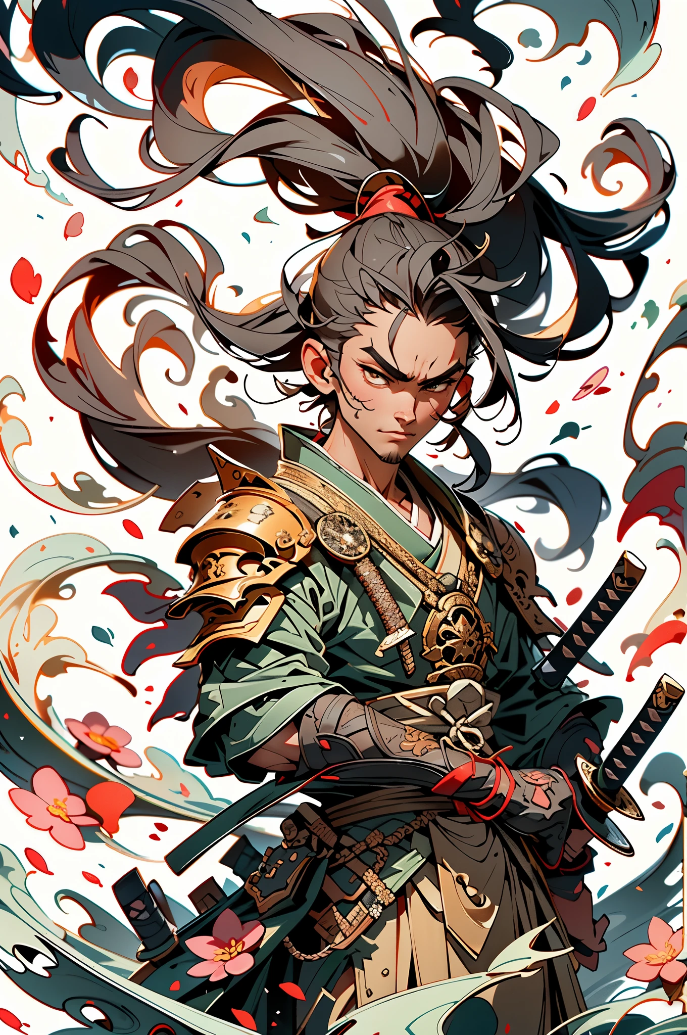 PERFECT MASTERPIECE, EXTREMELY DETAILED CG UNITY 8K UHD QUALITY RESOLUTION WALLPAPER, PHOTOREALISTIC, RAW PHOTO, PERFECT PHOTOGENIC CLARITY, OFFICIAL ART, AWARD-WINNING PORTRAIT, ULTRA HYPER-REALISTIC, ULTRA HYPER-DETAILED, SHINY REALISTIC SKIN, 1boy, samurai boy, dark skinned, very long black hair in a ponytail blowing in the wind, highly detailed samurai battle armor and samurai katana, sashimono war flag, cherry blossoms blowing in the wind, blood splattered cosmic atmospheric graffiti background