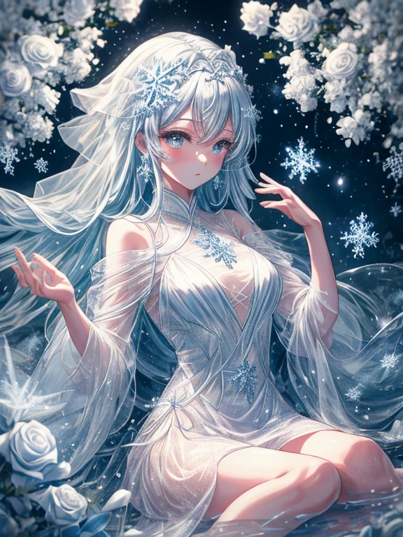 scenecy, Paradise in Heaven, White lighting,(masutepiece), (Best Quality), (Cinematic), 8K, (art  stations), Li Yue painting style. (長い白い髪とSilvery eyesを持つ1人の女), (流れるような白くSheerドレス)、(Beautiful delicate face)、[ Particle Lou Full Moon] [Frozen trees々] [landscape crystal] [Lighting] [Ethereal Atmosphere]:1.1] [Fantasy, short story] [soft Lighting] [+Cinematic shot]:1.2 [+art  stations] [+luminous white background] [+soft Lighting] [soft glow] [Creative and dynamic angles]:1.3, [+Crystal Toning] 、masutepiece, ighly detailed, Ultra-detailed, Solo, (pale skin), Silvery eyes, Frosty white hair, (snowy background), (snowflake rosen flower:1.5), (crystal crown), (shining crystal), (((白くSheerドレス))), (Snowy ground), (Icy breath), (Frozen lashes), 花のある部屋に立つSheer繊細なウェディングドレスを着た美女, Female sexy、luxurious wedding, very magical and dreamy, dreamy and detailed, ethereal fairy tale, The setting of a fairy tale:, 贅沢なSheer薄いドレス, dreamy diamond、たくさんのクリスタルが付いたSheerドレス, fantasy sheer dress, A magical dress with a transparent chest, crystal see-through dress, Feminine atmosphere and drama in a transparent dress with sparkling flowers, Gorgeous setting, 妖しい雰囲気 masutepiece, The most beautiful scenes, An majestic、(((full of white flowers)))、quiet and serene atmosphere、A charming, Sheer,The nipple is visible、large boob、sexy-S 100,たくさんのクリスタルが付いたSheerドレス, fantasy sheer dress, Transparent chest dress, See-through dress studded with crystals, Woman in a transparent dress with sparkling white flowers, intricate fantasy sheer dress, transparent rainbow color, Detailed translucent costume design, transparent dress, a stunning young ethereal figure, Bejeweled Opal Statue, fantasy transparent costume,pure white and dazzling、all white tones,Inside the crystal library,Transparent flowers and falling snow，((Many white roses are planted)),(flowingwater,falls,water bloom),The decoration is also carefully done.,Dreamy（ighly detailedです，Creative Design，crisp and precise lines，K HD，best qualtiy，tmasterpiece，超hight resolution，4K）、modeled、Diverse poses、((beautiful white flower hair ornament))、Beautiful hairstyle、Full body view、グラビアmodeled、Overhead view, look from above、(Best Quality, 4K, 8K, hight resolution, masutepiece:1.2), Ultra-detailed, Detailed expression, Graceful posture, dreamy ambiance, expressive brush strokes, mystic atmosphere, artistic interpretation,Beautiful coiled hair，Delicate floral jewelry， 驚くほど小さな新鮮なスタイルのSheerドレス、 Subtle colors and tones, Mystical aura,