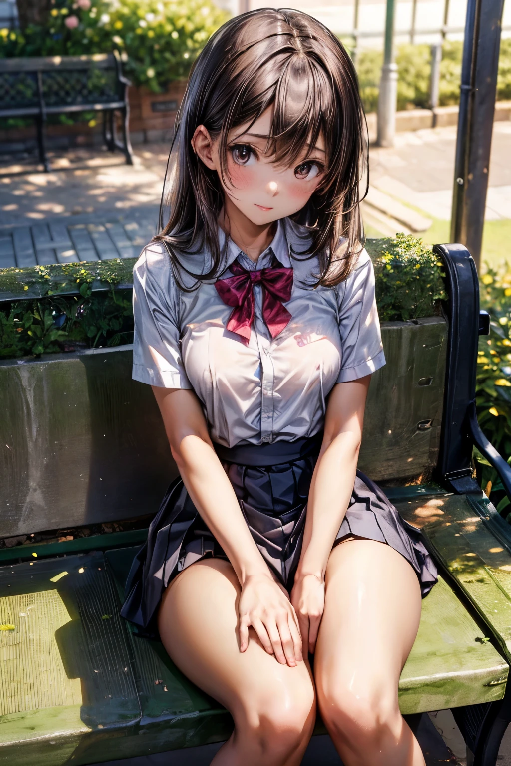 A pretty student girl in stockings, with perfect long legs and white socks. She has a thin body and very small breasts. She's wearing a short skirt. A girl is sitting on a park bench, and she has a shy face. Her legs are spread apart and her pink panties are visible (Realistic high quality photo)