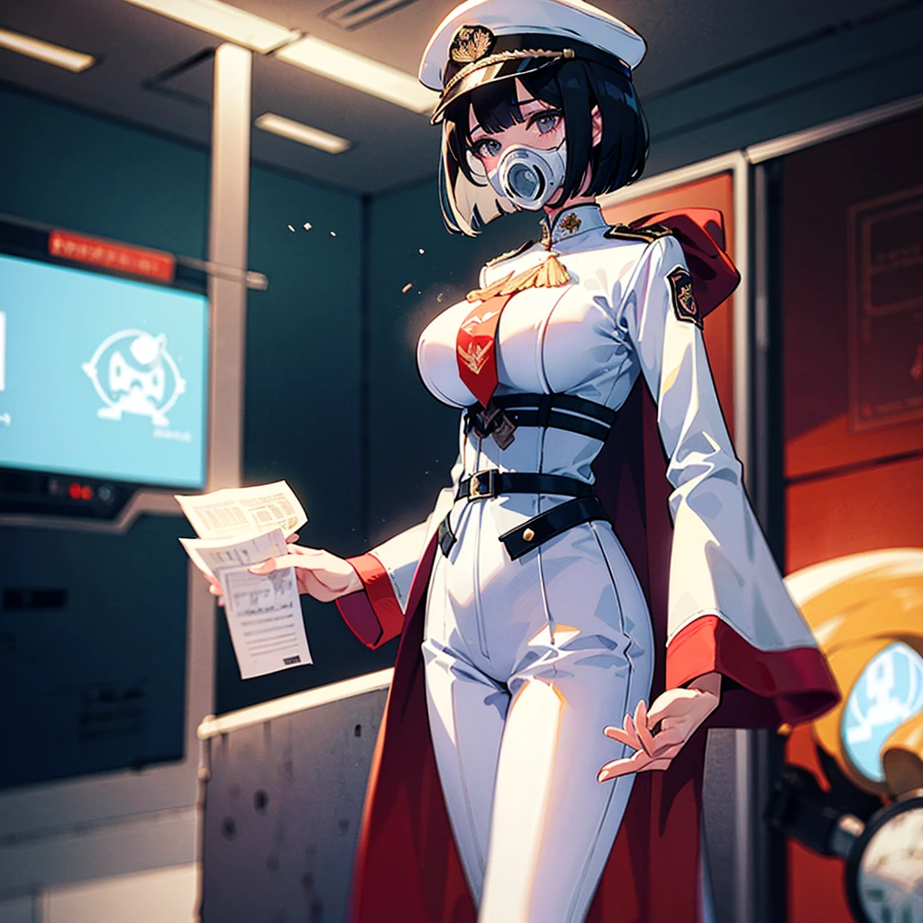 (((masterpiece)))、(((Top image quality)))、(((top-quality)))、(Illustration of one woman)、30-years old、(Viceroy)、Black hair bob cut、((Face covering gas mask))、Gray eyes、Sanpaku eyes、((Tall))、((huge tit))、((Military uniforms))、((Military Cap))、((Military coat))、(white clothes)、(White pants)、(White cap)、trench coat、((Inside the spaceship))