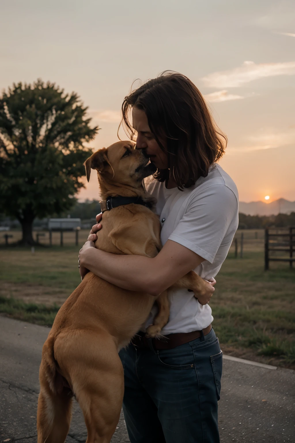 Man hugs dog and cries at sunset