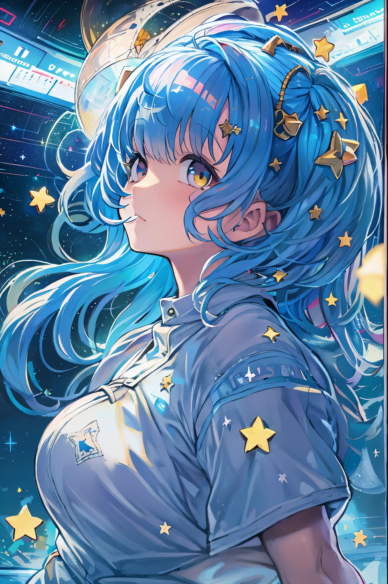 Best Quality, Detailed, 4K, Raw photo, masutepiece, Detailed face,, Stars, Planets, Galaxy, spaces,, a photo of エニセマール flying in spaces, Blue hair, Bangs, Long hair, Looking at Viewer,