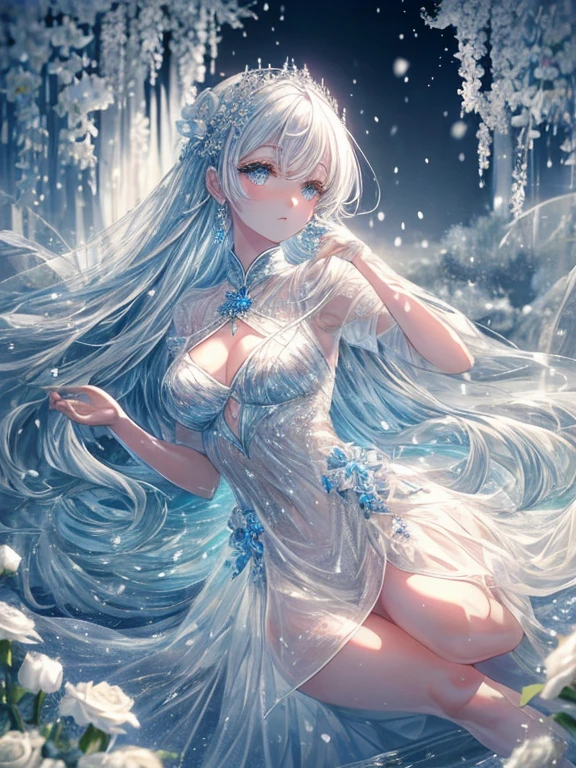 scenecy, Paradise in Heaven, White lighting,(masutepiece), (Best Quality), (Cinematic), 8K, (art  stations), Li Yue painting style. (長い白い髪とSilvery eyesを持つ1人の女), (流れるような白くSheerドレス)、(Beautiful delicate face)、[ Particle Lou Full Moon] [Frozen trees々] [landscape crystal] [Lighting] [Ethereal Atmosphere]:1.1] [Fantasy, short story] [soft Lighting] [+Cinematic shot]:1.2 [+art  stations] [+luminous white background] [+soft Lighting] [soft glow] [Creative and dynamic angles]:1.3, [+Crystal Toning] 、masutepiece, ighly detailed, Ultra-detailed, Solo, (pale skin), Silvery eyes, Frosty white hair, (snowy background), (snowflake rosen flower:1.0), crystal crown, (shining crystal), (((白くSheerドレス))), (Snowy ground), (Icy breath), (Frozen lashes), 花のある部屋に立つSheer繊細なウェディングドレスを着た美女, Female sexy、luxurious wedding, very magical and dreamy, dreamy and detailed, ethereal fairy tale, The setting of a fairy tale:, 贅沢なSheer薄いドレス, dreamy diamond、たくさんのクリスタルが付いたSheerドレス, fantasy sheer dress, A magical dress with a transparent chest, crystal see-through dress, Feminine atmosphere and drama in a transparent dress with sparkling flowers, Gorgeous setting, 妖しい雰囲気 masutepiece, The most beautiful scenes, An majestic、(((full of white flowers)))、quiet and serene atmosphere、A charming, Sheer,The nipple is visible、large boob、sexy-S 100,たくさんのクリスタルが付いたSheerドレス, fantasy sheer dress, Transparent chest dress, See-through dress studded with crystals, Woman in a transparent dress with sparkling white flowers, intricate fantasy sheer dress, transparent rainbow color, Detailed translucent costume design, transparent dress, a stunning young ethereal figure, Bejeweled Opal Statue, fantasy transparent costume,pure white and dazzling、all white tones,Inside the crystal library,Transparent flowers and falling snow，Many white roses are planted,(flowingwater,falls,water bloom),The decoration is also carefully done.,Dreamy（ighly detailedです，Creative Design，crisp and precise lines，K HD，best qualtiy，tmasterpiece，超hight resolution，4K）、modeled、Diverse poses、((beautiful white flower hair ornament))、Beautiful hairstyle、Full body view、グラビアmodeled、Overhead view, look from above、(Best Quality, 4K, 8K, hight resolution, masutepiece:1.2), Ultra-detailed, Detailed expression, Graceful posture, dreamy ambiance, expressive brush strokes, mystic atmosphere, artistic interpretation,Beautiful coiled hair，Delicate floral jewelry， 驚くほど小さな新鮮なスタイルのSheerドレス、 Subtle colors and tones, Mystical aura,