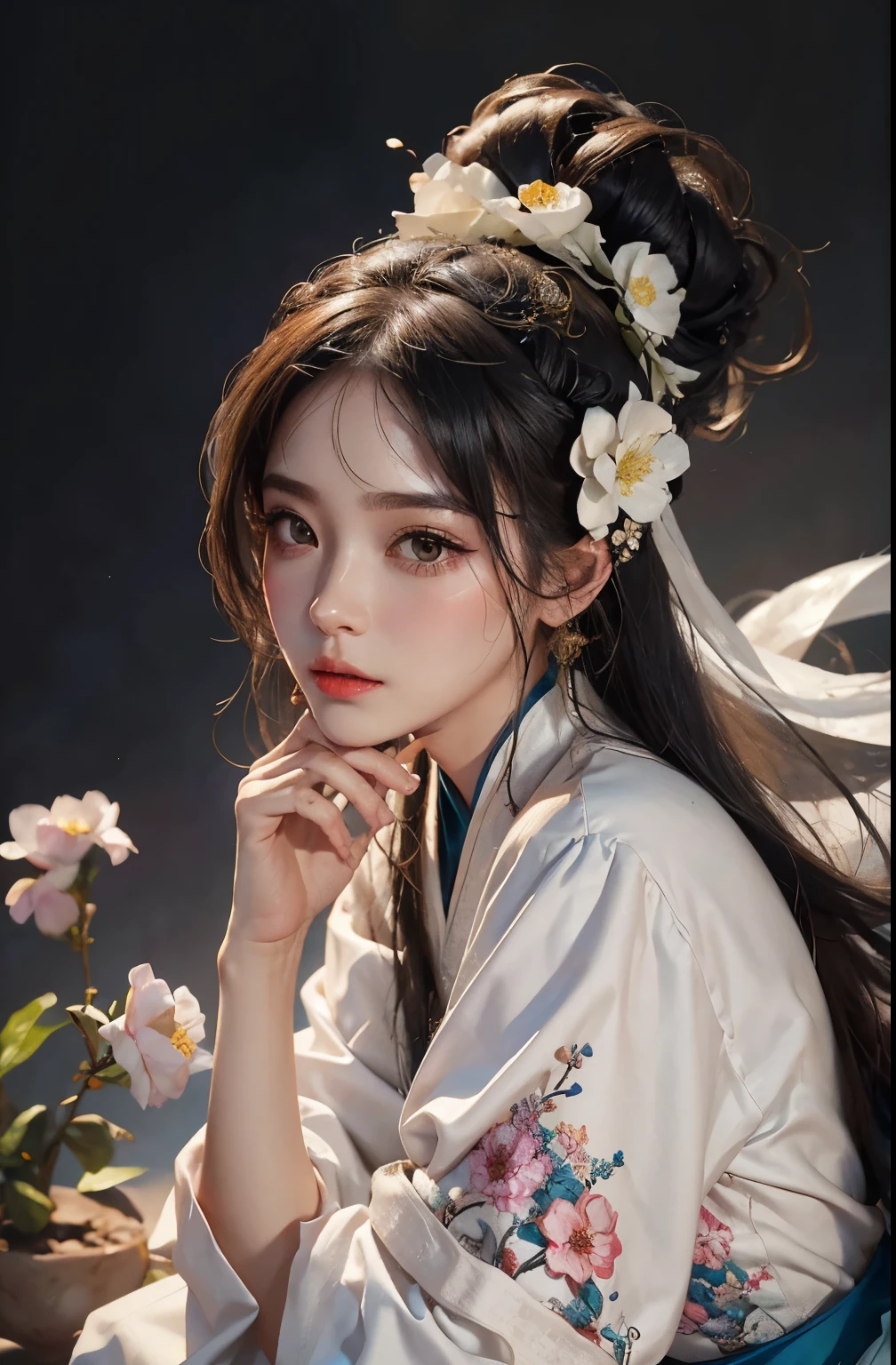 1girll， （full body Esbian） 独奏， Hanfu， flower  field， flower blossom， （Black smoke：1.4） （realisticlying：1.5）， datura， Entangled， offcial art， Unity 8k壁纸， ultra - detailed， Beautiful and beautiful， tmasterpiece，best qualtiy， （dynamic angle：1.4）， （Realistic：1.5），（Real Human Pictures；1.5），（large boob：1.5），（Liu Hai hairstyle：1.5）（Shoulders exposed：1.5），Glowing skin， （Floating colorful flashes：1），The most beautiful forms of chaos，（ellegance：1.2），Fauvistdesign，vivd colour，mystical