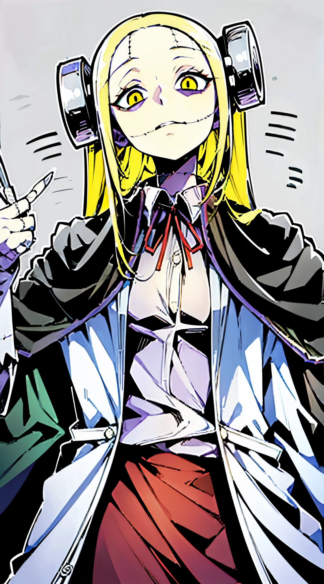 Madaraki_Fran,A girl ,stands,Happy,the madhatter ,surgeon ,Clean hands, hairlong , yellow hair,seams , Scars on the body , A creepy look , scary eyes , An intimidating look , creepy smile , bags under eyes, ((((Tired)))), Background
