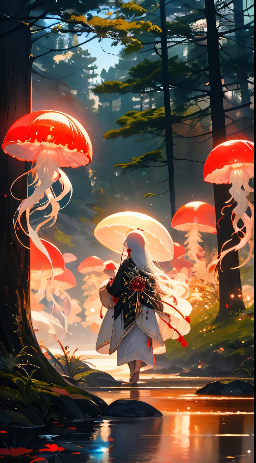 red jellyfish,jellyfishforest, 1girl, long hair, dress, solo, white hair,red hat,mushroom, nature, outdoors, tree, walking, forest, water