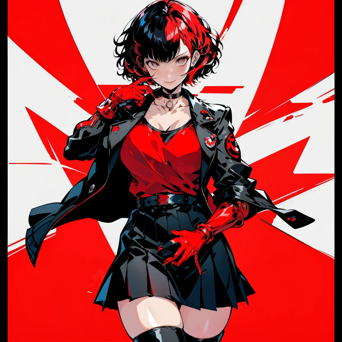 in the art style of persona 5, smal breast, delinquent, (sukeban), mature_female, blush, mature, older woman, 25 years old, Sukeban teacher outfit, (1girl, solo female, solo, solo focus)++++, choker, sukeban school teacher, sukeban school fighter, long_sleeves, open jacket, blue jacket, jean, light skin tone female, full body, jacket, biker jacket, tape, arm_support, gloves, red_gloves, bridal gauntlets, nail polish, boots, hioots, black_footwear, fighter outfit, full body, hourglass, mature face, cheeky smile, cheeky face, wrinkles, (red hair, short hair, bob cut, earrings, ear piercings), red eyeighting art, Martial arts, standing, fighting_stance, fight, fighting), extra colors, 2D, megapixel, perfectionism, accent lighting, full HD , (Masterpiece:1.2), (full-body-shot:1),(cowboy shot:1.2), (Highly detailed:1.2),(Detailed Face:1.2), Colorful, A detailed eye, (Detailed landscape:1.2), (natural lighting:1.2), ((sukeban school teacher)) by Vincent Di Fate: Aidyllery, Anamorphic Shot, rule of thirds, face by Artgerm and WLOP,