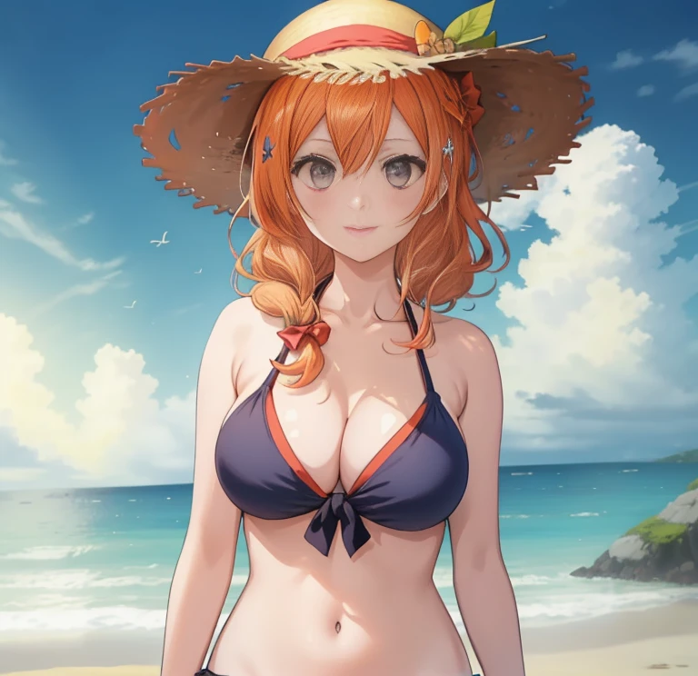 (masutepiece, Best Quality:1.2),Illustration,8K,hard disk,1girl in,Solo,upper body，Smile whole body,(Portrait:1.2),Large breasts,Orange hair,Long hair,Bow,grey  eyes,Hair Ornament,Hair Ornament，Bikini swimwear，A pareo is worn below the navel.，He is wearing a large straw hat.，My hair is moving to the left due to the wind，I&#39;m holding down the straw hat with my right hand so it doesn&#39;t fly away.，sea side，sand beach，evening