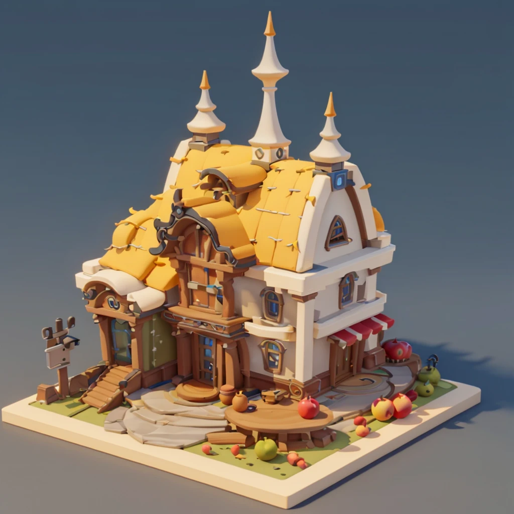 Game architectural design, of ,Apple House，Apples match architecture，casual game style,Apple Architecture,c4d，closeup cleavage，tmasterpiece，super detailing，Best quality