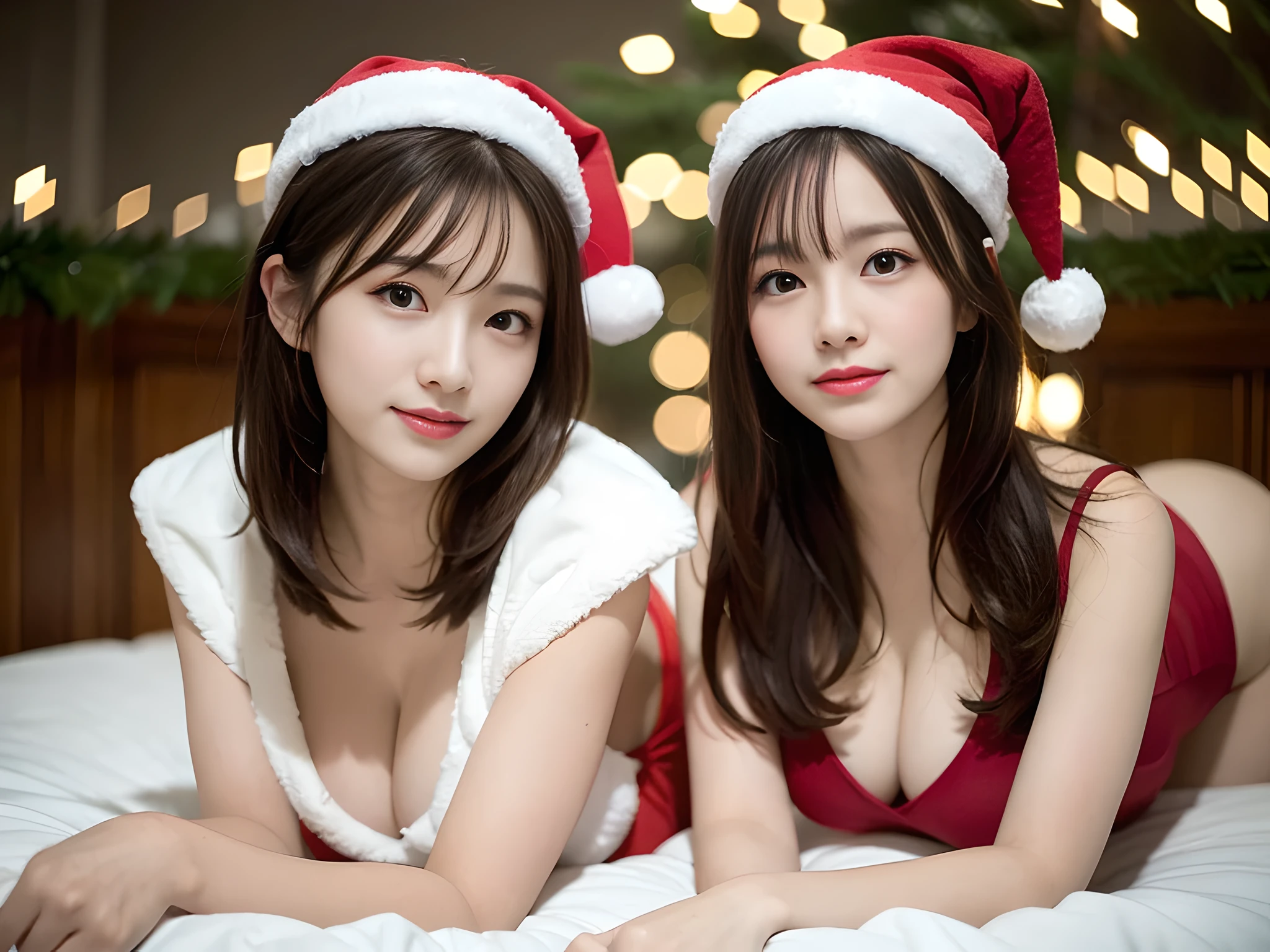 ulzzang -6500-v1.1,(masutepiece, top-quality:1.3),(Top image quality,8K:1.3),Realistic high-quality photos,top-quality,(Skin spots: 1.2), (Skin Dentation), Real, Photorealistic, 8K, hight resolutionであり, Ultra-detailed, finely detail, hight resolution, 8K, Perfect dynamic composition, Beautiful detailed eyes,Medium Hair, mid-chest, Keep the original facial proportions, Sexy Poses,Smile,Christmas Lights,Sexy Santa Claus costumes,(Professional Lighting, Bokeh), (light Particle, Lens Flare, Luminescent particles: 0.6),(all-fours, lying on the bed:1.3)