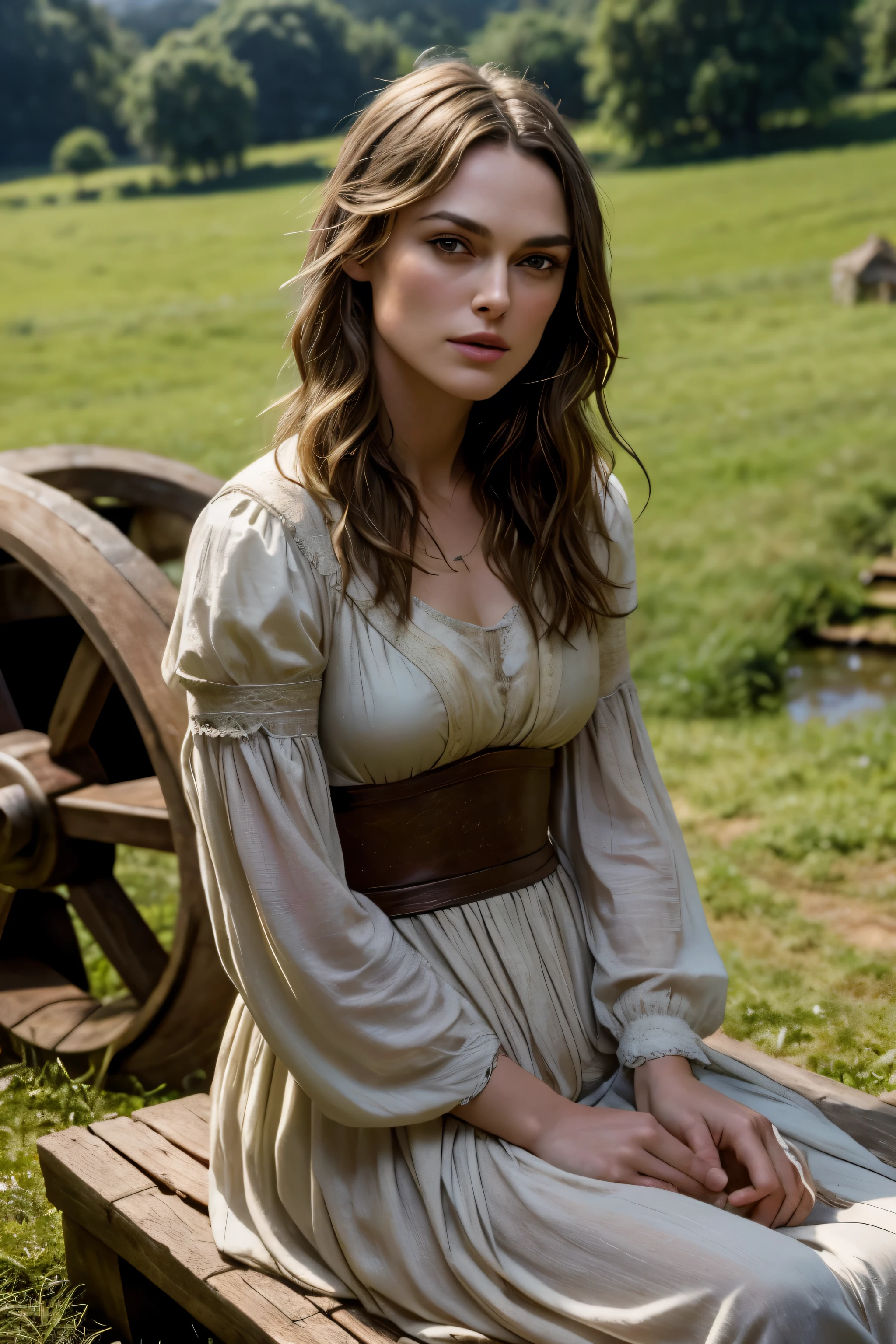 Keira Knightley,Medieval period,campos de trigo, simples atrai, Sitting on a water wheel, cena de filme apaixonada e  descobrindo sua inocencia ,e pureza ,