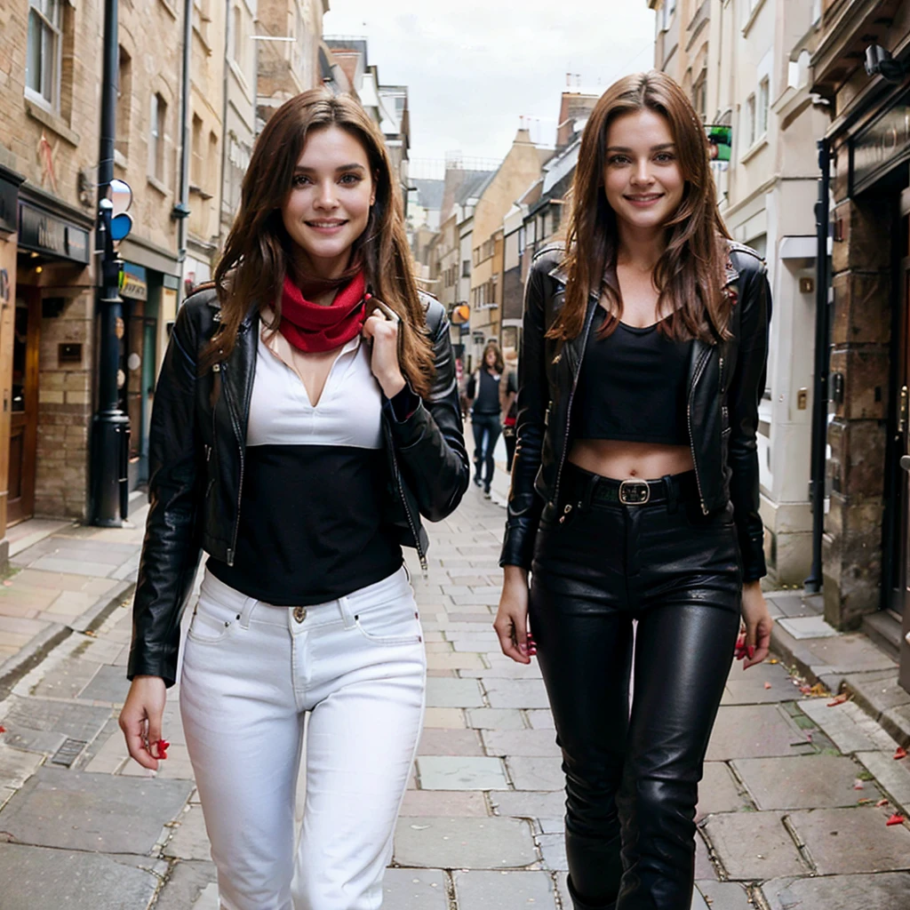 female supermodel walks in Oxford Streets. Black leather jacket, black jeans, white T-shirt, red scarf, red leather boots. Smiling.