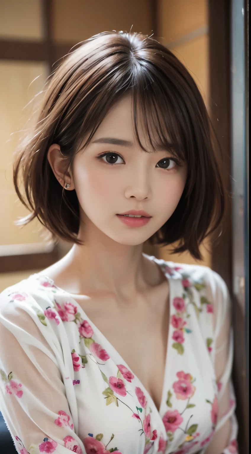 Cute 21 years old Japan 、college aged、Super Detail Face、Eye of Detail、二重まぶた、beautiful thin nose、foco nítido:1.2、prety woman:1.4、(light brown hair,short-haired、),fair white skin、top-quality、masterpiece、超A high resolution、(Photorealsitic:1.4)、very detailed and professional lighting、A smile、Hotel bedroom、bath robe、No exposure、