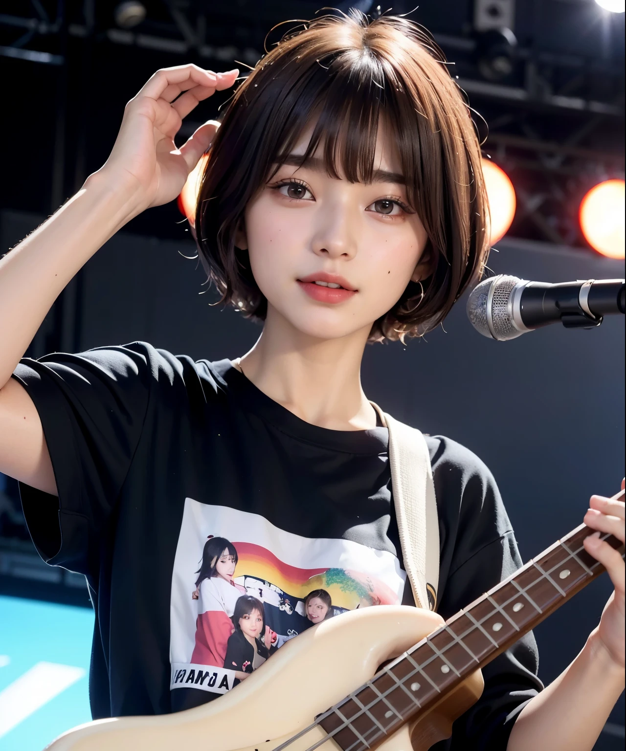 ((top-quality))、(​masterpiece:1.4)、Raw photography、8K、((Top image quality))、 ((hight resolution))、Beautiful face in every detail、realisiticな人の肌、Gentle expression、(One lady:1.3 )、realisitic、(rather short hair:1.4)、(Beautuful Women)、(cute Japanese girls:1.3)、(boyish:1.3)、((mannish))、((Pretty Woman))、(Beautiful hair)、((dark brown  hair))、With bangs、(((Red cheeks)))、(Her eyes are big:1.3)、20-year-old beauty、(her face is small:1.3 )、small head、((long neck))、a necklace、((music festival))、(Concert T-shirt)、((On stage))、(play bass guitar:1.3)、((Happy look))、singers、Everyone admires her、rock band、(young woman admires her、(popular person)、(Dynamism)、(Oversized clothes)、Band Group Vocals、