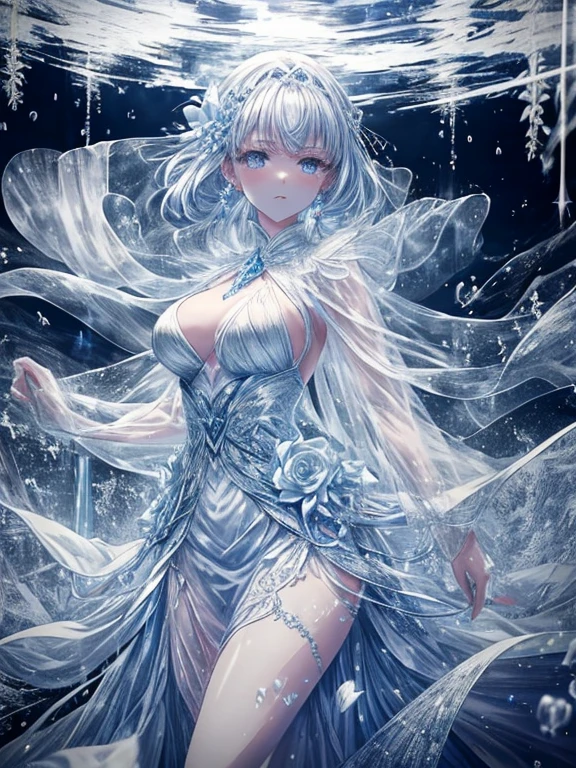 scenecy, Paradise in Heaven, White lighting,(masutepiece), (Best Quality), (Cinematic), 8K, (art  stations), Li Yue painting style. (長い白い髪とSilvery eyesを持つ1人の女), (流れるような白くSheerドレス)、(Beautiful delicate face)、[ Particle Lou Full Moon] [Frozen trees々] [landscape crystal] [Lighting] [Ethereal Atmosphere]:1.1] [Fantasy, short story] [soft Lighting] [+Cinematic shot]:1.2 [+art  stations] [+luminous white background] [+soft Lighting] [soft glow] [Creative and dynamic angles]:1.3, [+Crystal Toning] 、masutepiece, ighly detailed, Ultra-detailed, Solo, (pale skin), Silvery eyes, Frosty white hair, (snowy background), (snowflake rosen flower:1.0), crystal crown, (shining crystal), (((白くSheerドレス))), (Snowy ground), (Icy breath), (Frozen lashes), 花のある部屋に立つSheer繊細なウェディングドレスを着た美女, Female sexy、luxurious wedding, very magical and dreamy, dreamy and detailed, ethereal fairy tale, The setting of a fairy tale:, 贅沢なSheer薄いドレス, dreamy diamond、たくさんのクリスタルが付いたSheerドレス, fantasy sheer dress, A magical dress with a transparent chest, crystal see-through dress, Feminine atmosphere and drama in a transparent dress with sparkling flowers, Gorgeous setting, 妖しい雰囲気 masutepiece, The most beautiful scenes, An majestic、(((full of white flowers)))、quiet and serene atmosphere、A charming, Sheer,The nipple is visible、large boob、sexy-S 100,たくさんのクリスタルが付いたSheerドレス, fantasy sheer dress, Transparent chest dress, See-through dress studded with crystals, Woman in a transparent dress with sparkling white flowers, intricate fantasy sheer dress, transparent rainbow color, Detailed translucent costume design, transparent dress, a stunning young ethereal figure, Bejeweled Opal Statue, fantasy transparent costume,pure white and dazzling、all white tones,Inside the crystal library,Transparent flowers and falling snow，Many white roses are planted,(flowingwater,falls,water bloom),The decoration is also carefully done.,Dreamy（ighly detailedです，Creative Design，crisp and precise lines，K HD，best qualtiy，tmasterpiece，超hight resolution，4K）、modeled、Diverse poses、((beautiful white flower hair ornament))、Beautiful hairstyle、Full body view、グラビアmodeled、Overhead view, look from above、(Best Quality, 4K, 8K, hight resolution, masutepiece:1.2), Ultra-detailed, Detailed expression, Graceful posture, dreamy ambiance, expressive brush strokes, mystic atmosphere, artistic interpretation,Beautiful coiled hair，Delicate floral jewelry， 驚くほど小さな新鮮なスタイルのSheerドレス、 Subtle colors and tones, Mystical aura,