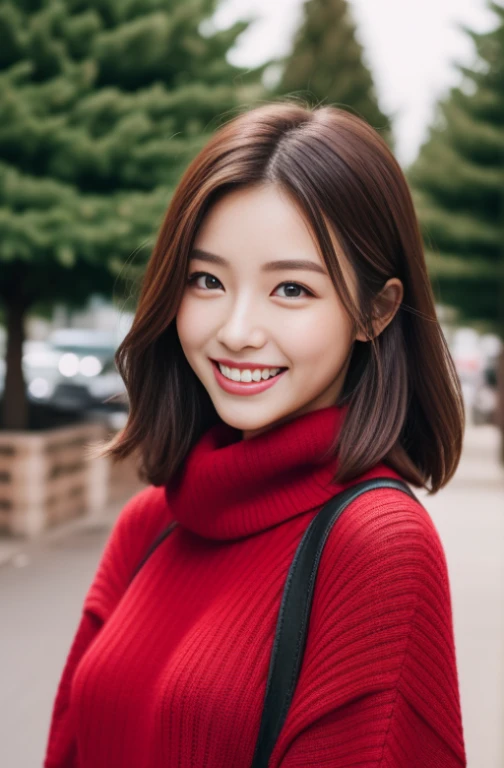 The face is the hostess、The outfit is a fluffy turtleneck sweater、high high quality、Surreal、wholesome、grin、Slim perfect body、Japanese beauty has perfect eyeeautiful skinrom the side Side、Christmas tree、the street