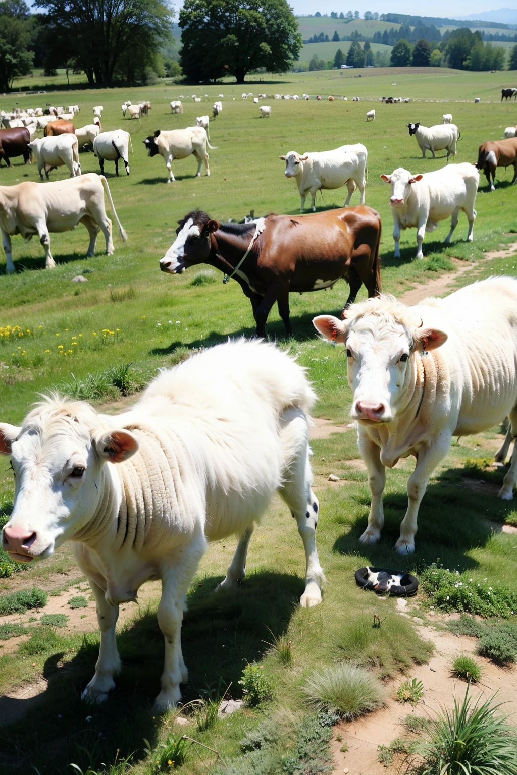 Cows and sheep on the grassland