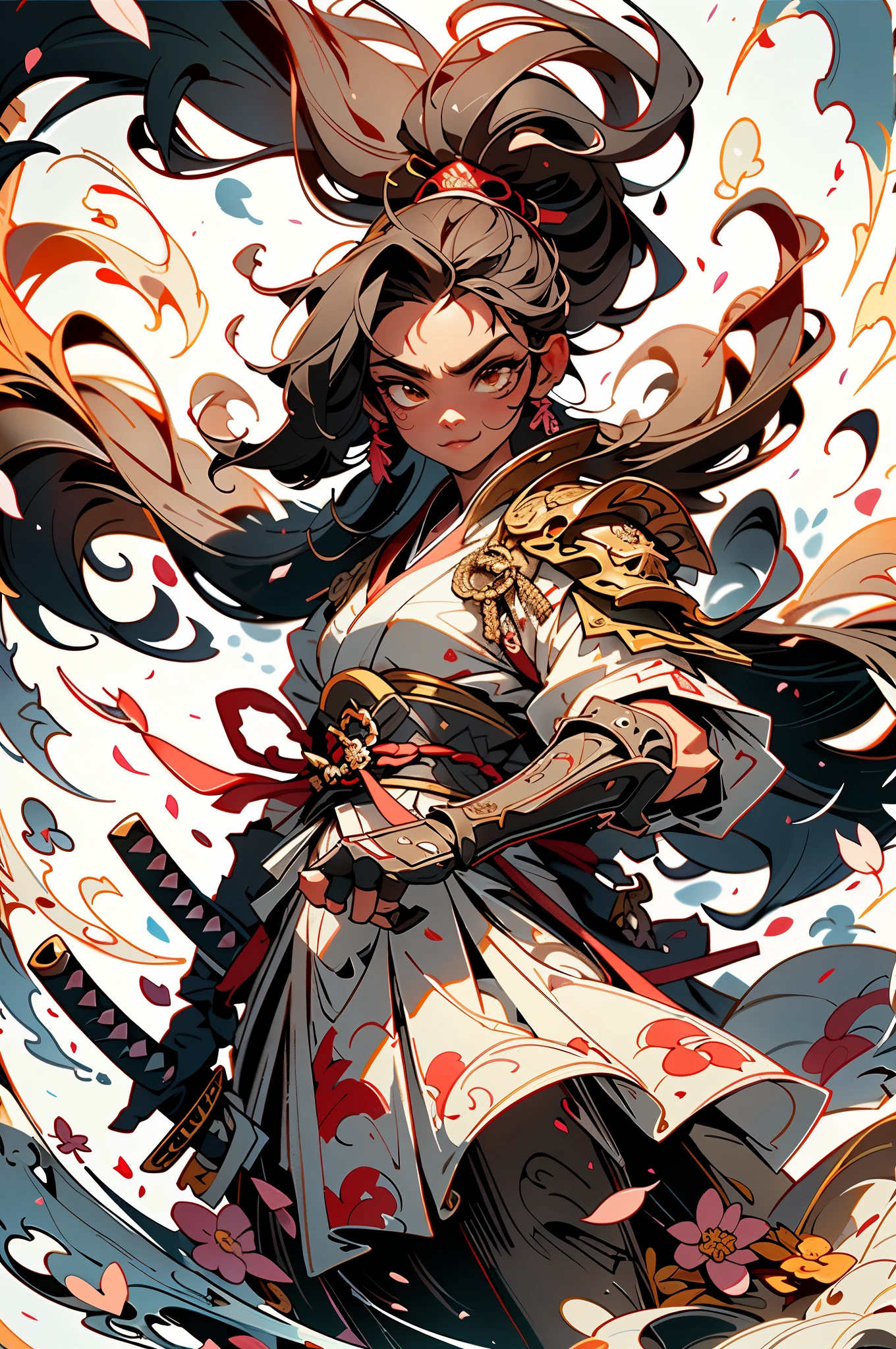 PERFECT MASTERPIECE, EXTREMELY DETAILED CG UNITY 8K UHD QUALITY RESOLUTION WALLPAPER, PHOTOREALISTIC, RAW PHOTO, PERFECT PHOTOGENIC CLARITY, OFFICIAL ART, AWARD-WINNING PORTRAIT, ULTRA HYPER-REALISTIC, ULTRA HYPER-DETAILED, SHINY REALISTIC SKIN, 1boy, samurai boy, dark skinned, very long black hair in a ponytail blowing in the wind, highly detailed white samurai battle armor and samurai katana, sashimono war flag, cherry blossoms blowing in the wind, blood splattered cosmic atmospheric graffiti feudal Japan background