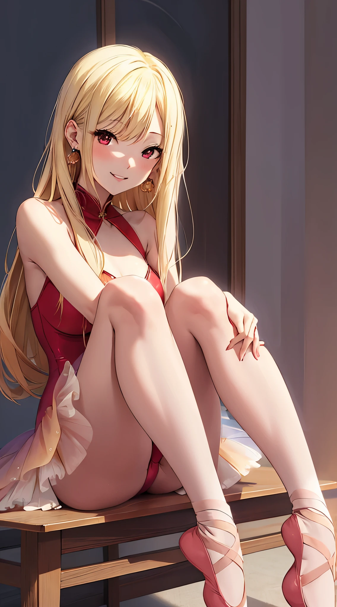 masterpiece, best quality, highres, kitagawa marin, 1girl, blonde hair, long hair, swept bangs, gradient hair, red eyes, jewelry, earrings, piercing, glossy lips, light smile, ballerina, sleeveless leotard, tutu, pantyhose, sitting, (knees bent:1.2)