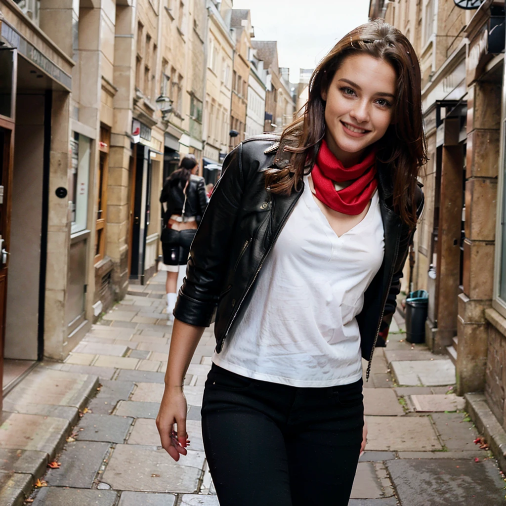 female supermodel walks in Oxford Streets. Black leather jacket, black jeans, white T-shirt, red scarf, red leather boots. Smiling.