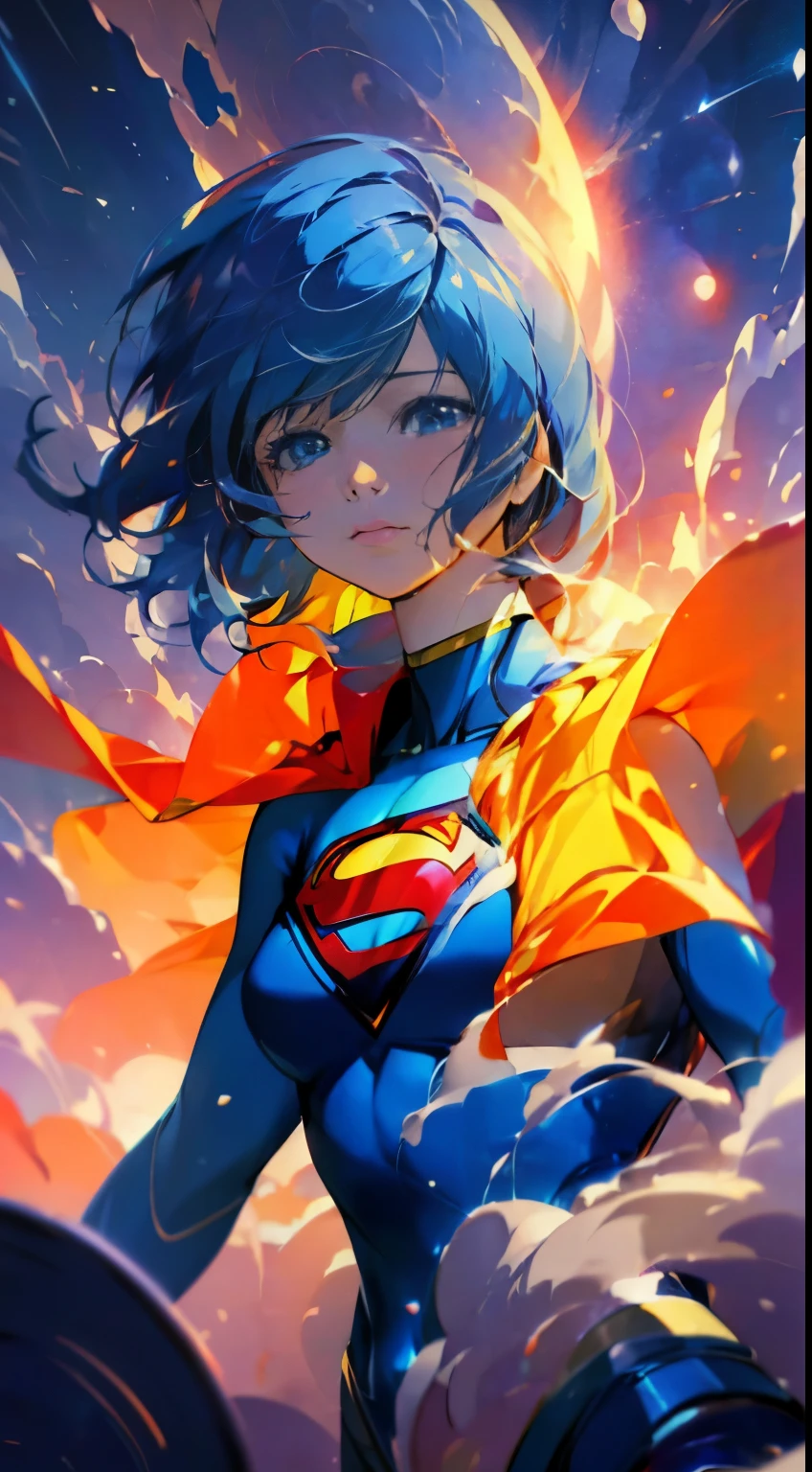 (best quality, vivid colors:1.2, anime:1.1), ULTRA-DETAILED,(realistic:1.37), DC comics character, SUPERGIRL, FLYING between CLOUDS, supersonic VELOCITY, sharp focus, vibrant colors, dynamic pose, flowing cape, intense action, strong wind effects, high speed motion, intense energy, blue sky backdrop, white fluffy clouds, dazzling sunlight.