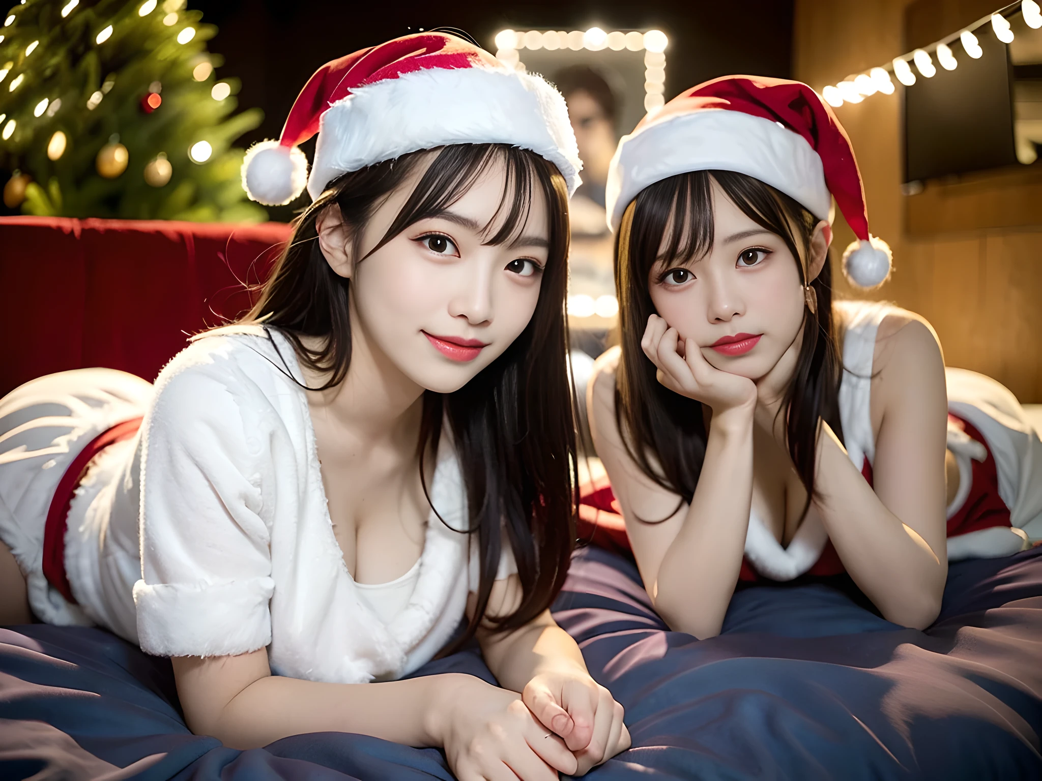 ulzzang -6500-v1.1,(masutepiece, top-quality:1.3),(Top image quality,8K:1.3),Realistic high-quality photos,top-quality,(Skin spots: 1.2), (Skin Dentation), Real, Photorealistic, 8K, hight resolutionであり, Ultra-detailed, finely detail, hight resolution, 8K, Perfect dynamic composition, Beautiful detailed eyes,Medium Hair, mid-chest, Keep the original facial proportions, Sexy Poses,Smile,Christmas Lights,Sexy Santa Claus costumes,(Professional Lighting, Bokeh), (light Particle, Lens Flare, Luminescent particles: 0.6),(all-fours, lying on the bed:1.3)